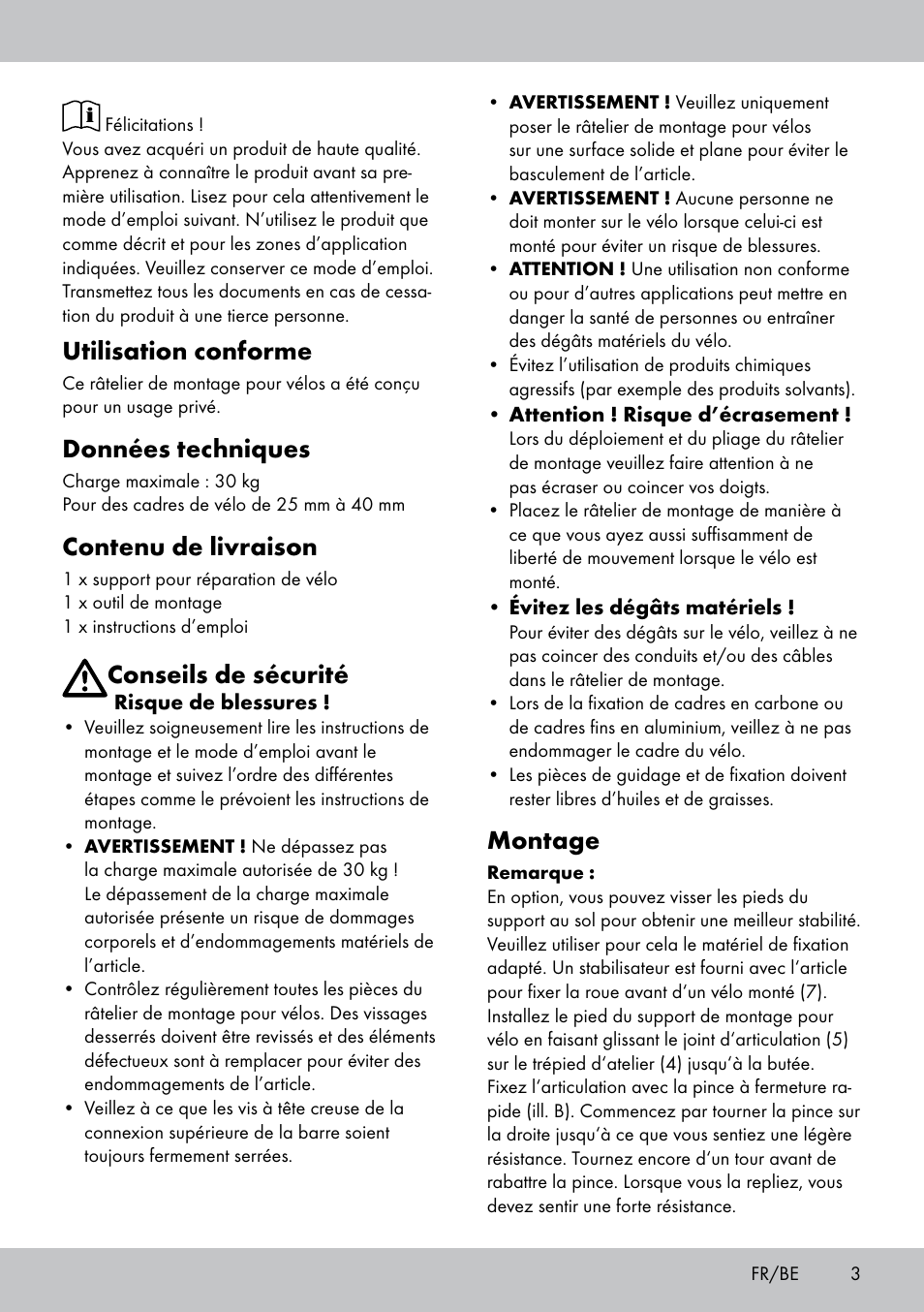 Die96689_bike repairing stand_manual_lb2_fr_layout, Utilisation conforme, Données techniques | Contenu de livraison, Conseils de sécurité, Montage | Powerfix Bike Workstand User Manual | Page 3 / 14