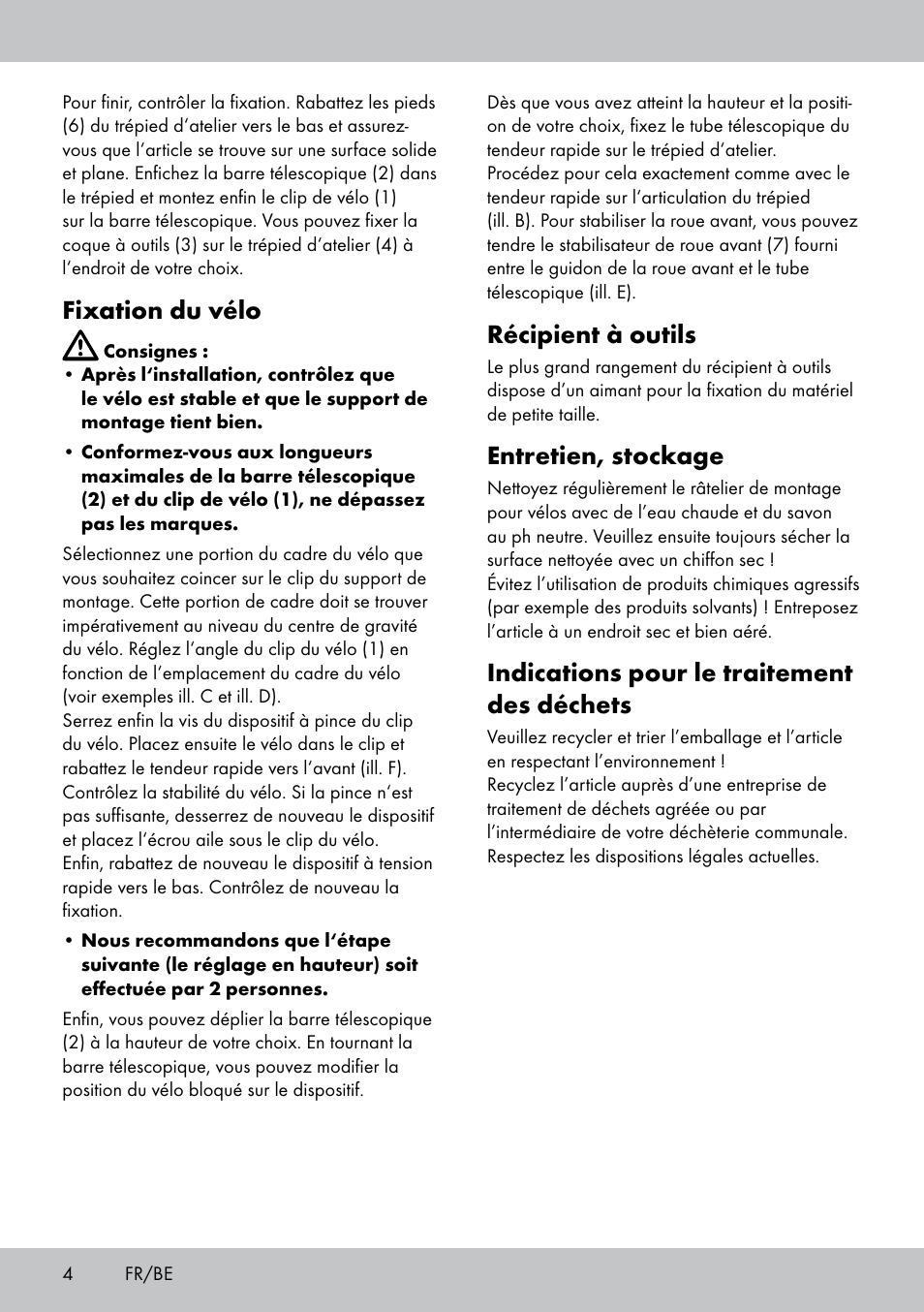 Récipient à outils, Entretien, stockage, Indications pour le traitement des déchets | Fixation du vélo | Powerfix Bike Workstand User Manual | Page 4 / 14