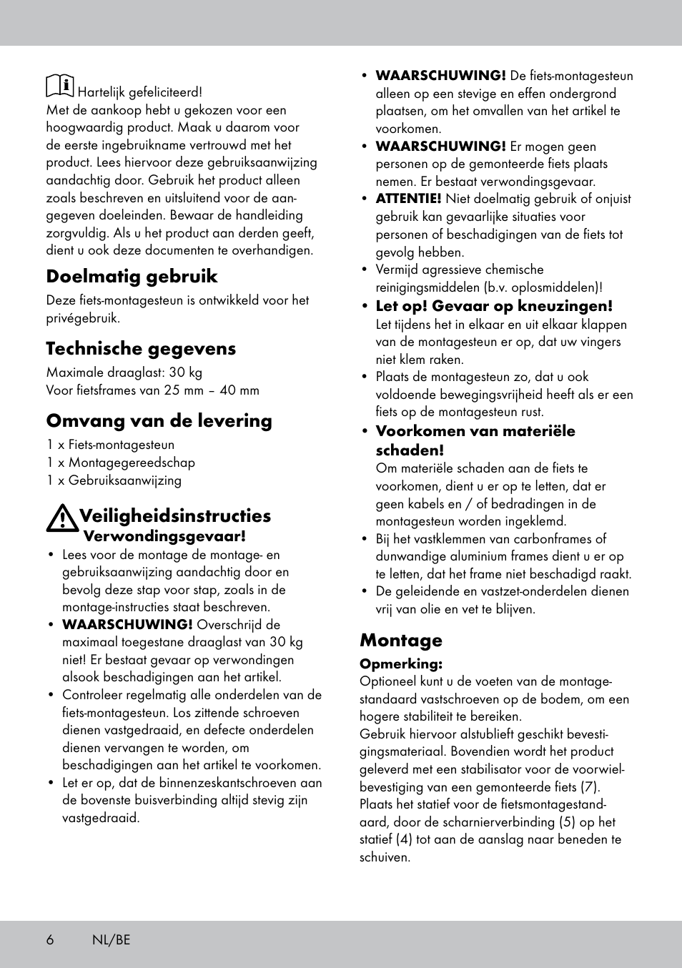 Doelmatig gebruik, Technische gegevens, Omvang van de levering | Veiligheidsinstructies, Montage | Powerfix Bike Workstand User Manual | Page 6 / 14