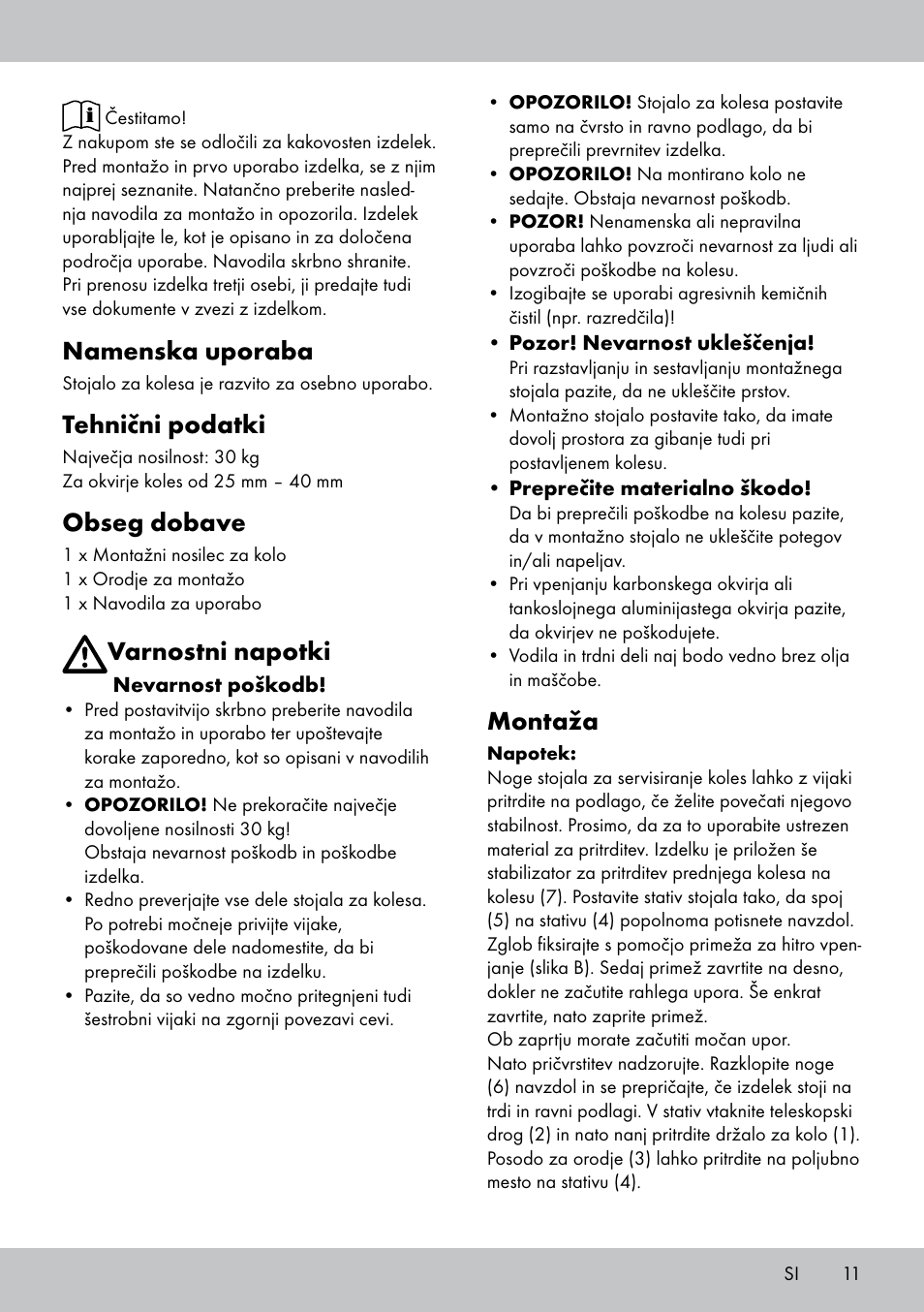 Namenska uporaba, Tehnični podatki, Obseg dobave | Varnostni napotki, Montaža | Powerfix Bike Workstand User Manual | Page 11 / 22