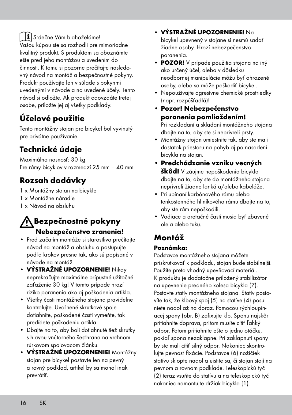 Účelové použitie, Technické údaje, Rozsah dodávky | Bezpečnostné pokyny, Montáž | Powerfix Bike Workstand User Manual | Page 16 / 22