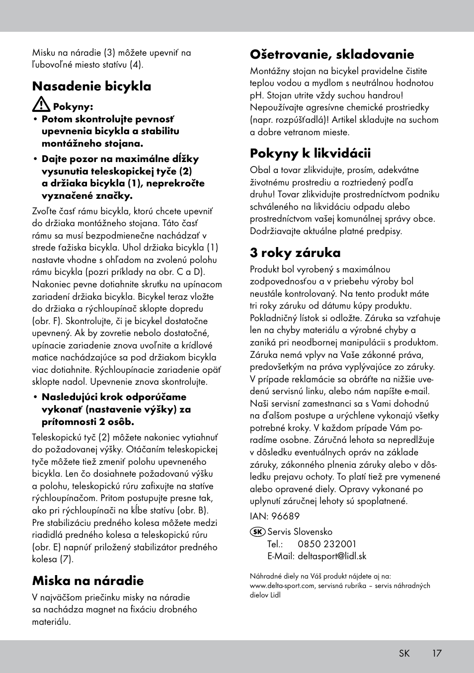 Ošetrovanie, skladovanie, Pokyny k likvidácii, 3 roky záruka | Nasadenie bicykla, Miska na náradie | Powerfix Bike Workstand User Manual | Page 17 / 22