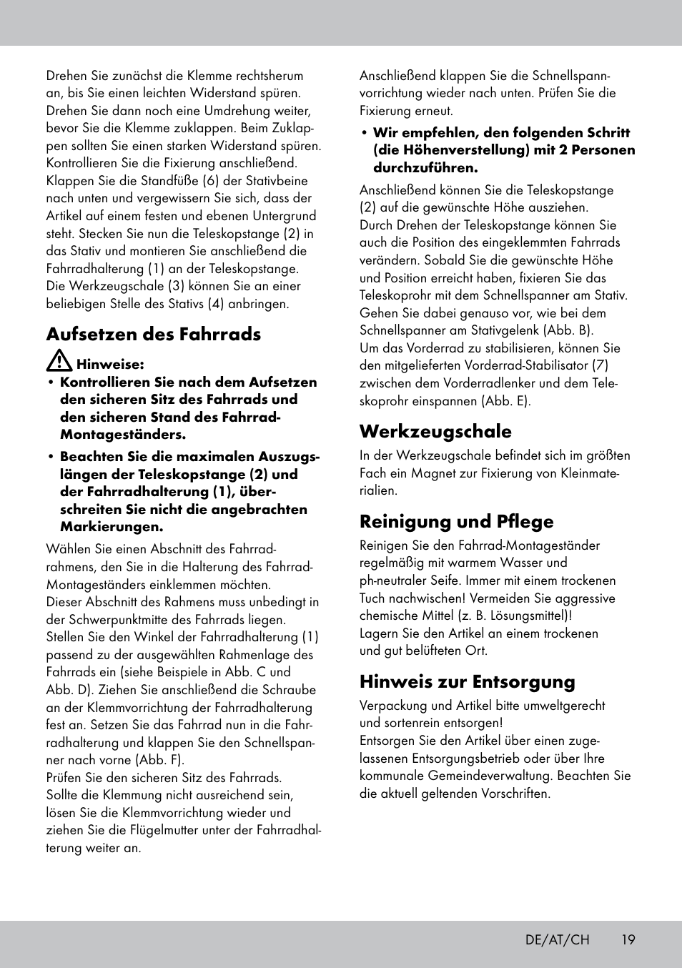 Werkzeugschale, Reinigung und pflege, Hinweis zur entsorgung | Aufsetzen des fahrrads | Powerfix Bike Workstand User Manual | Page 19 / 22