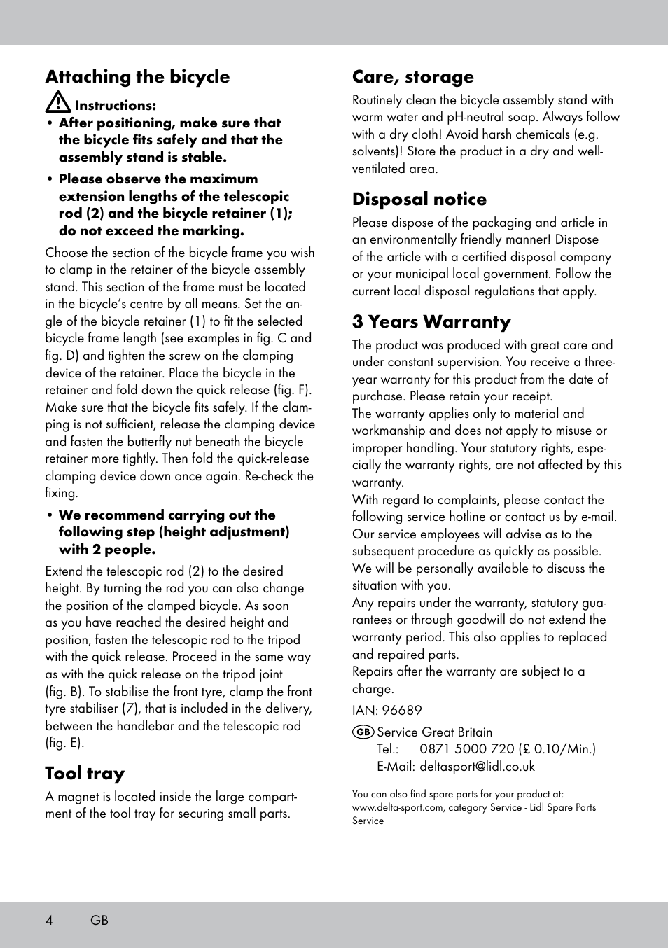 Care, storage, Disposal notice, 3 years warranty | Attaching the bicycle, Tool tray | Powerfix Bike Workstand User Manual | Page 4 / 22