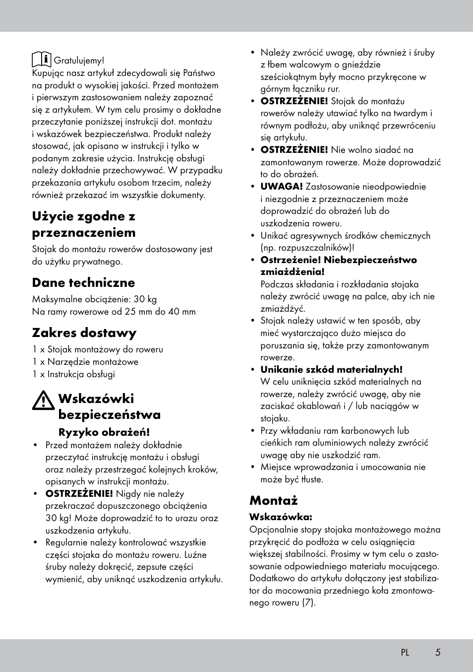 Użycie zgodne z przeznaczeniem, Dane techniczne, Zakres dostawy | Wskazówki bezpieczeństwa, Montaż | Powerfix Bike Workstand User Manual | Page 5 / 22