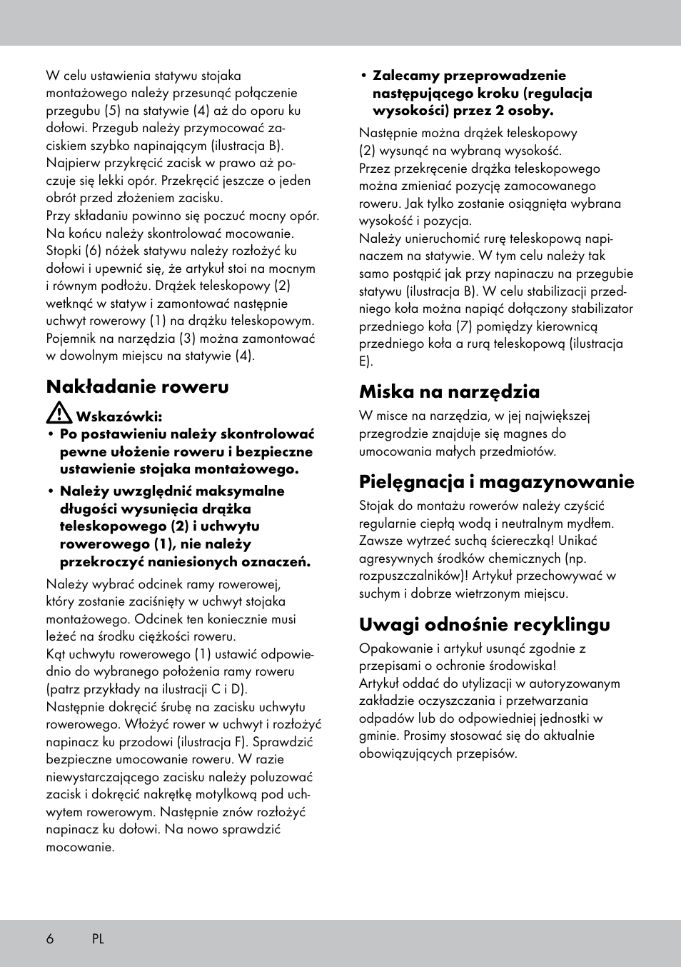 Miska na narzędzia, Pielęgnacja i magazynowanie, Uwagi odnośnie recyklingu | Nakładanie roweru | Powerfix Bike Workstand User Manual | Page 6 / 22