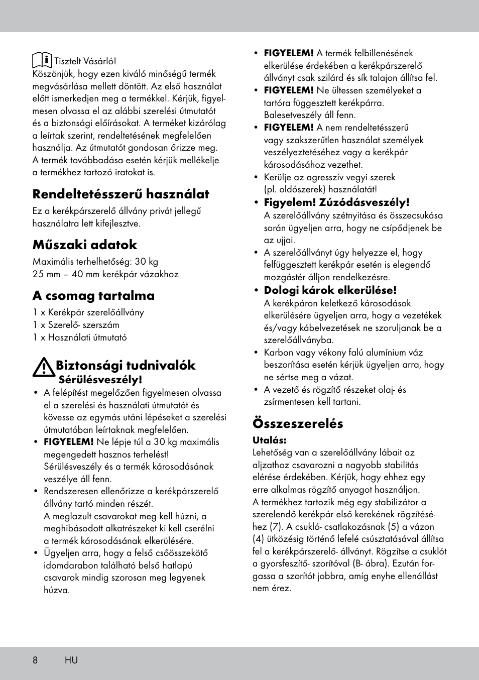 Rendeltetésszerű használat, Műszaki adatok, A csomag tartalma | Biztonsági tudnivalók, Összeszerelés | Powerfix Bike Workstand User Manual | Page 8 / 22