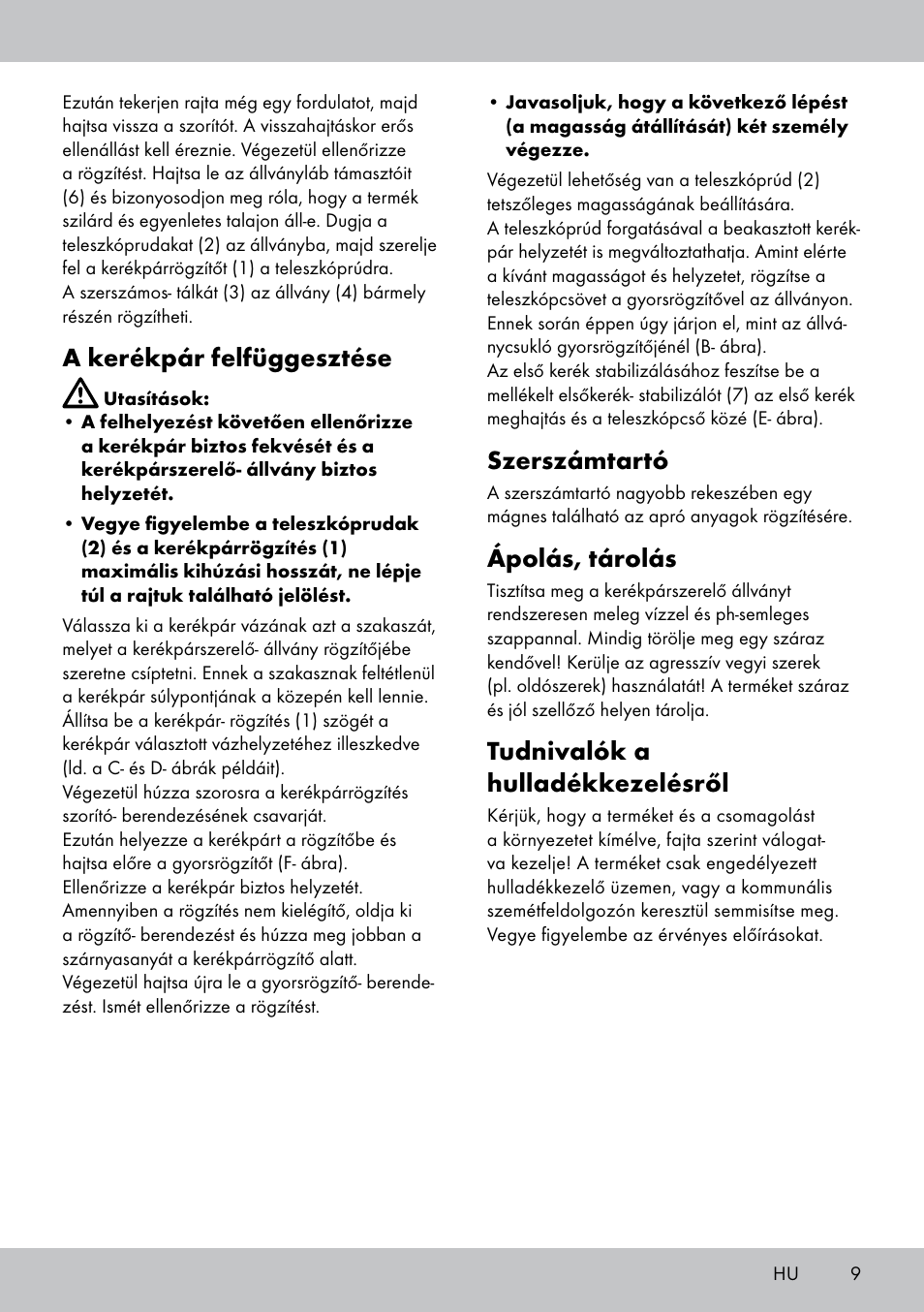 Szerszámtartó, Ápolás, tárolás, Tudnivalók a hulladékkezelésről | A kerékpár felfüggesztése | Powerfix Bike Workstand User Manual | Page 9 / 22