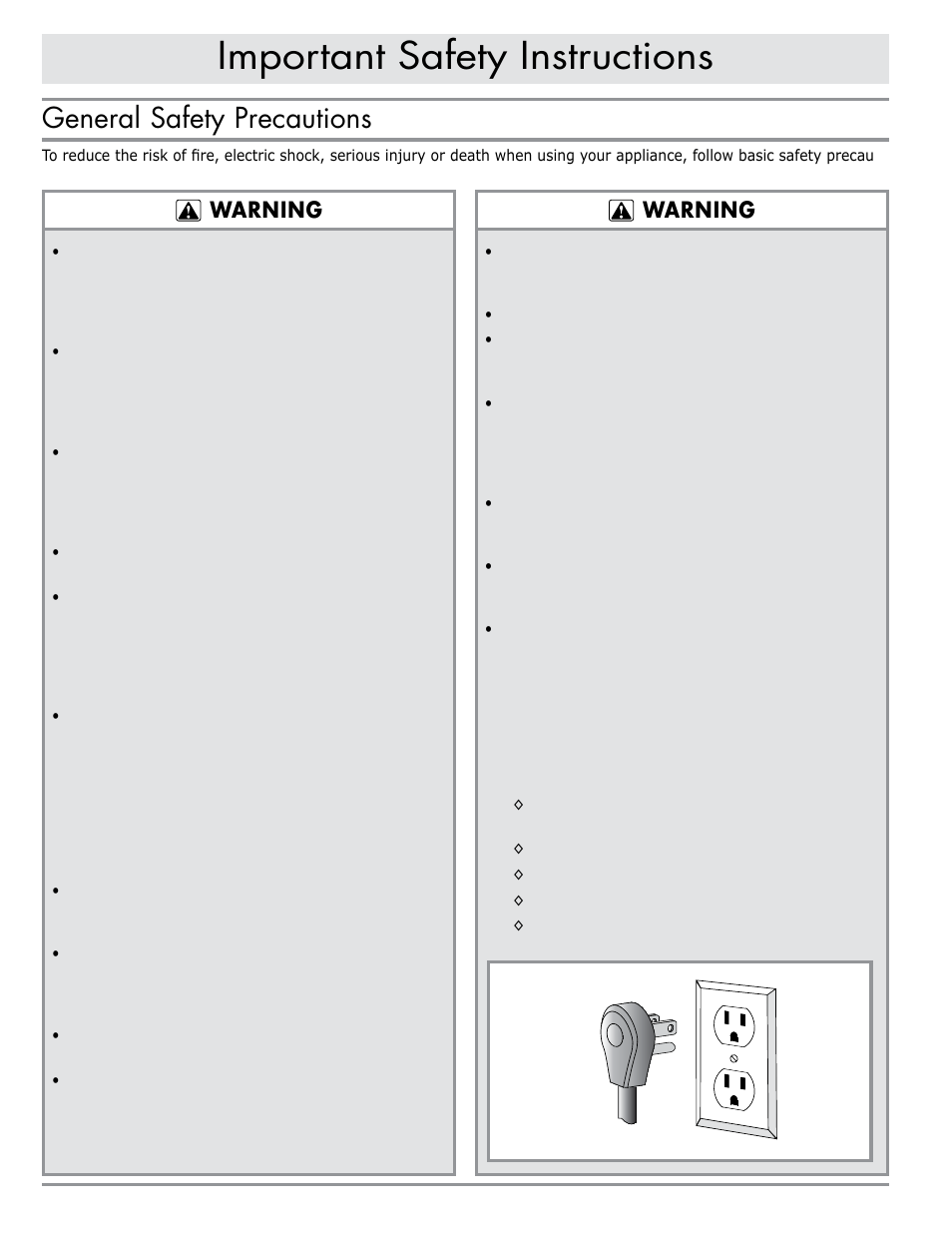 Important safety instructions, General safety precautions, Warning | Dacor ERV36-ER User Manual | Page 4 / 12