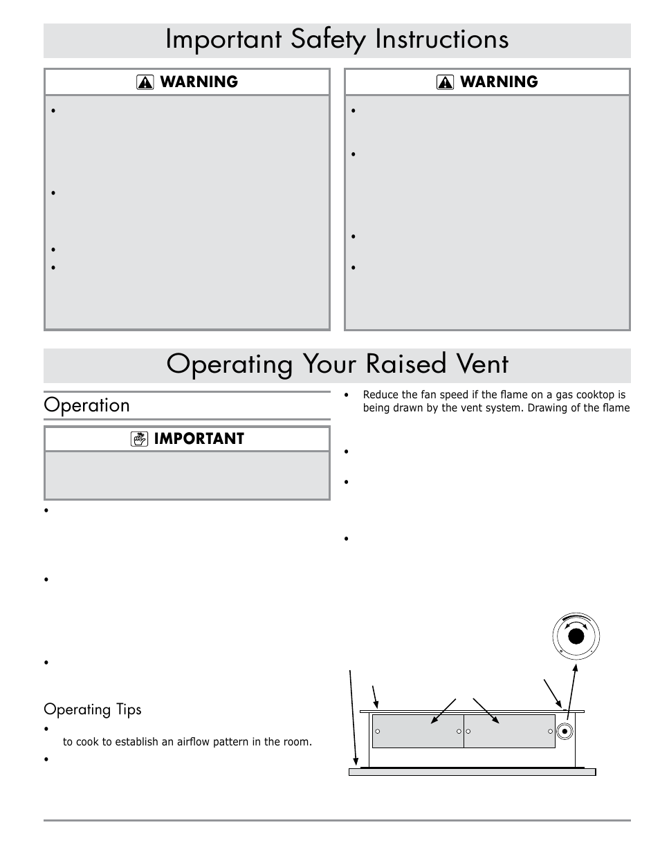 Important safety instructions, Operating your raised vent, Operation | Warning, Important, Operating tips | Dacor ERV36-ER User Manual | Page 5 / 12