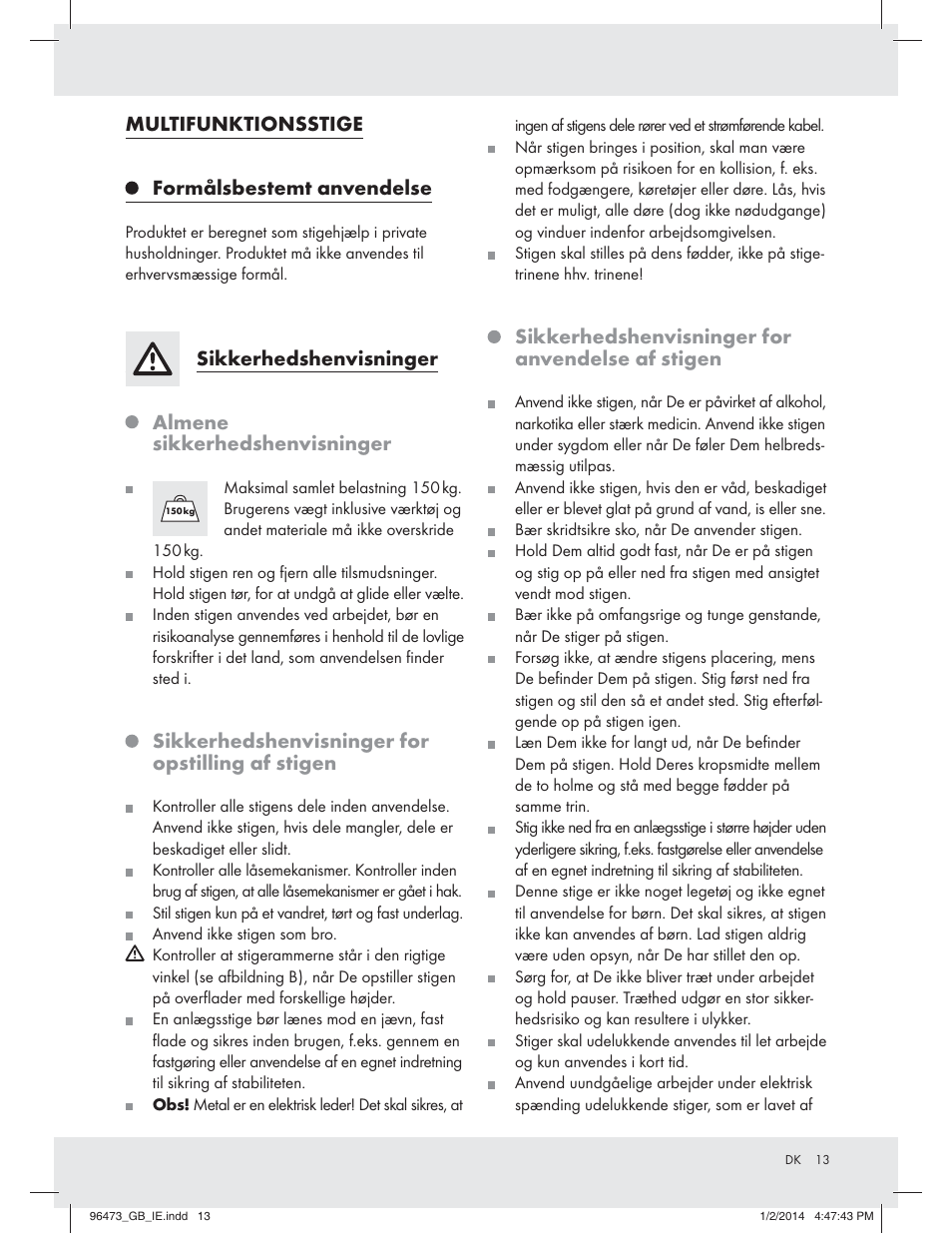 Multifunktionsstige formålsbestemt anvendelse, Sikkerhedshenvisninger, Almene sikkerhedshenvisninger | Sikkerhedshenvisninger for opstilling af stigen, Sikkerhedshenvisninger for anvendelse af stigen | Powerfix Z31966 User Manual | Page 13 / 25