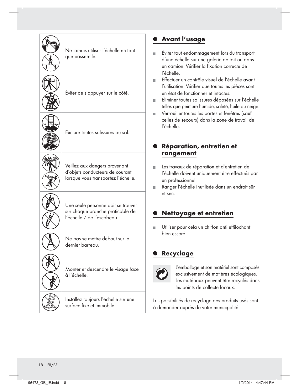 Avant l’usage, Réparation, entretien et rangement, Nettoyage et entretien | Recyclage | Powerfix Z31966 User Manual | Page 18 / 25