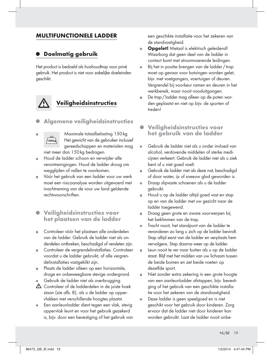 Multifunctionele ladder, Doelmatig gebruik, Veiligheidsinstructies | Algemene veiligheidsinstructies | Powerfix Z31966 User Manual | Page 19 / 25