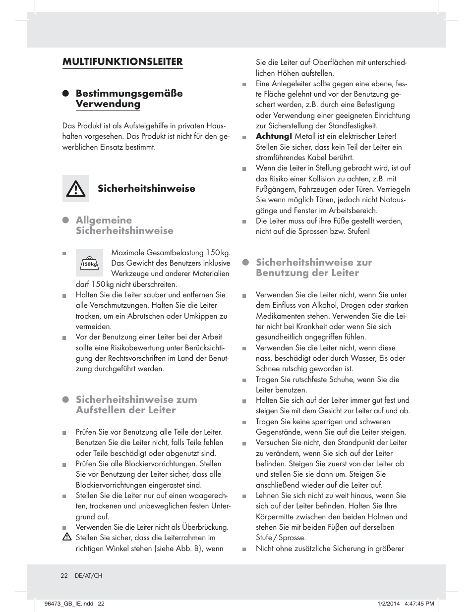 Multifunktionsleiter, Bestimmungsgemäße verwendung, Sicherheitshinweise | Allgemeine sicherheitshinweise, Sicherheitshinweise zum aufstellen der leiter, Sicherheitshinweise zur benutzung der leiter | Powerfix Z31966 User Manual | Page 22 / 25