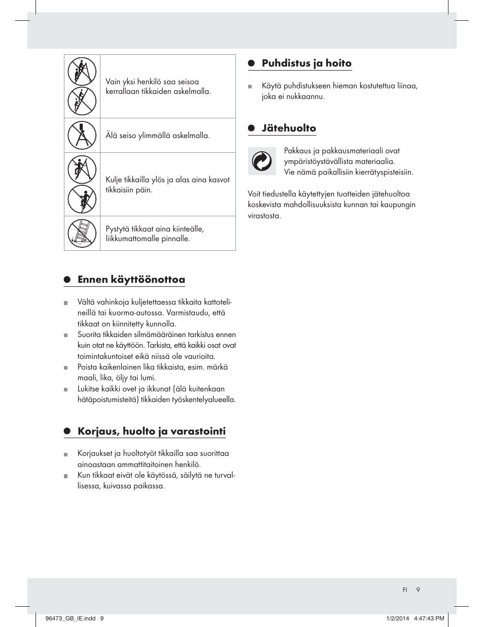 Ennen käyttöönottoa, Korjaus, huolto ja varastointi, Puhdistus ja hoito | Jätehuolto | Powerfix Z31966 User Manual | Page 9 / 25