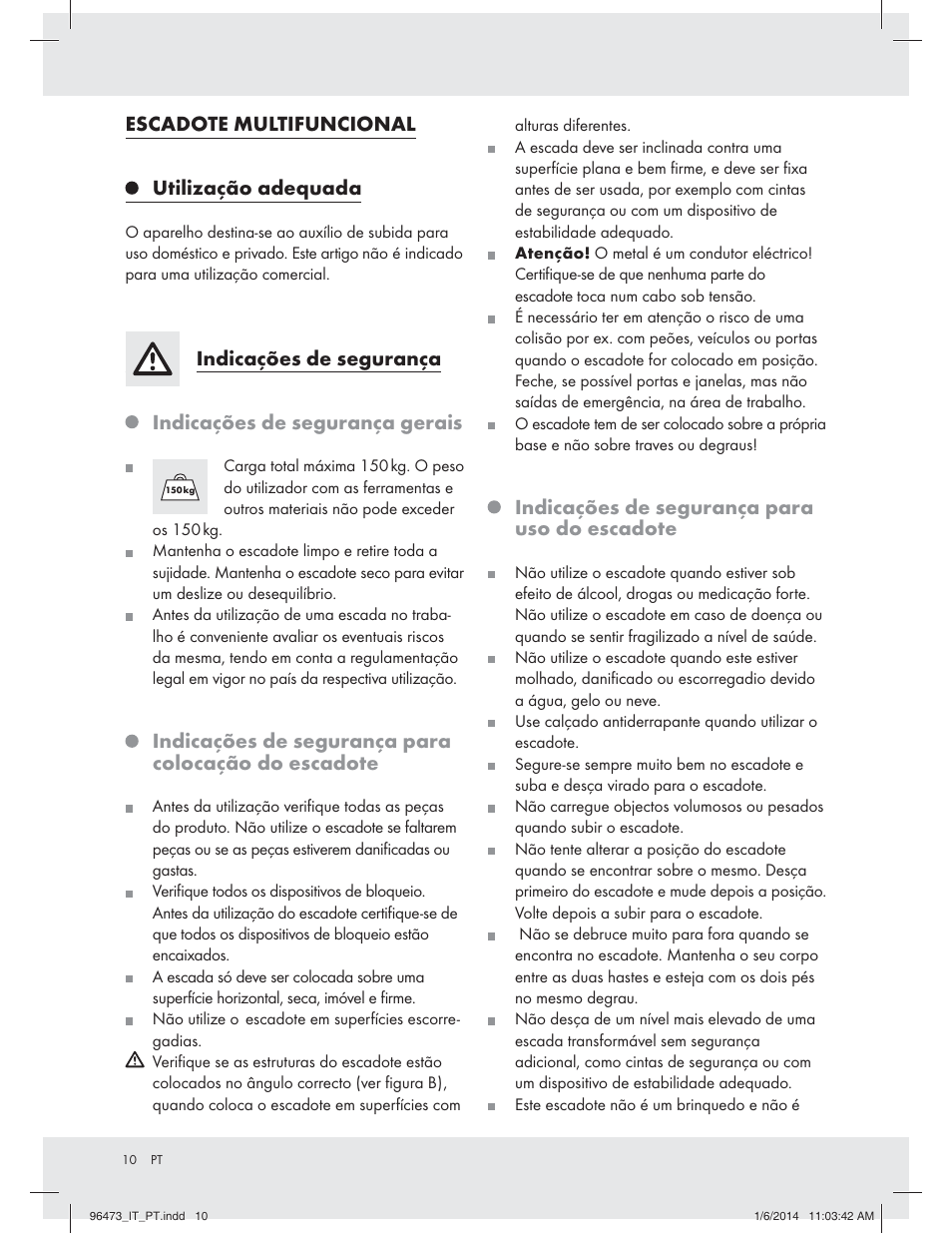 Escadote multifuncional utilização adequada, Indicações de segurança, Indicações de segurança gerais | Indicações de segurança para colocação do escadote, Indicações de segurança para uso do escadote | Powerfix Z31966 User Manual | Page 10 / 19