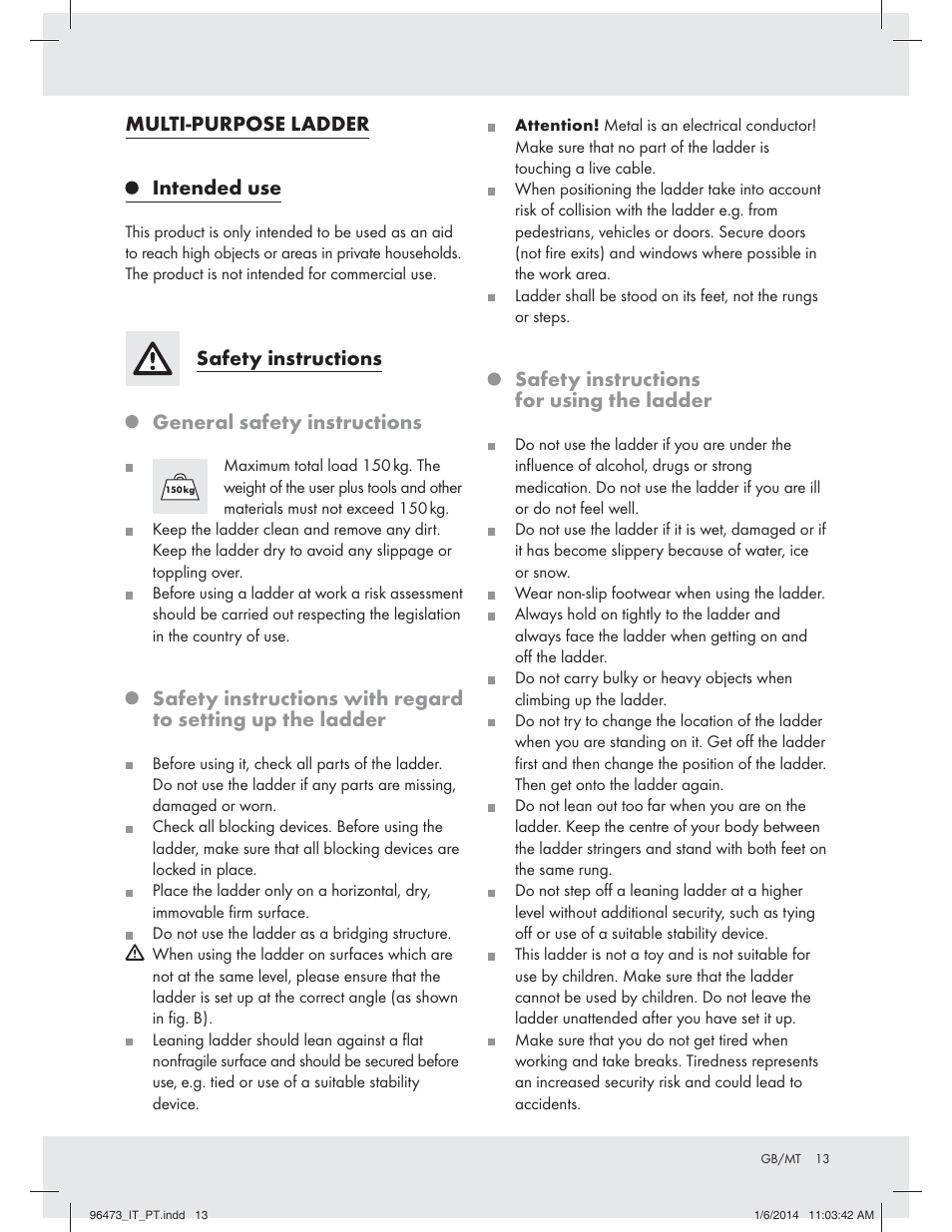 Multi-purpose ladder intended use, Safety instructions general safety instructions, Safety instructions for using the ladder | Powerfix Z31966 User Manual | Page 13 / 19
