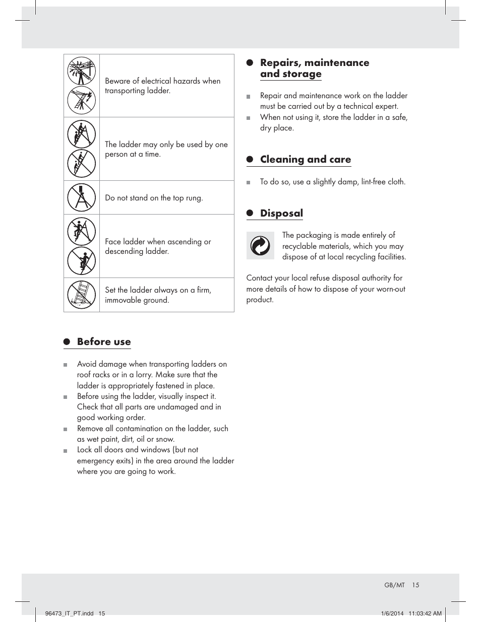 Before use, Repairs, maintenance and storage, Cleaning and care | Disposal | Powerfix Z31966 User Manual | Page 15 / 19