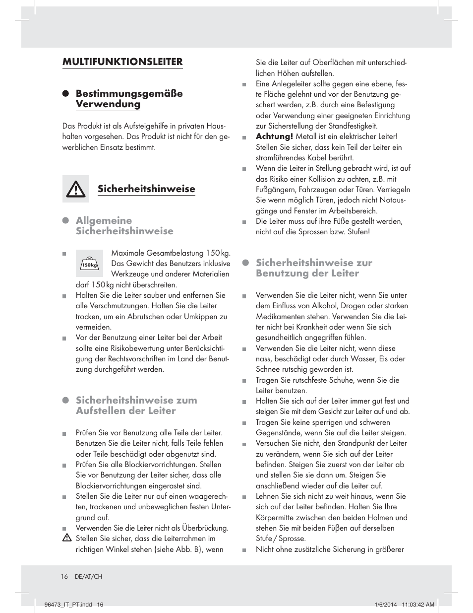 Multifunktionsleiter, Bestimmungsgemäße verwendung, Sicherheitshinweise | Allgemeine sicherheitshinweise, Sicherheitshinweise zum aufstellen der leiter, Sicherheitshinweise zur benutzung der leiter | Powerfix Z31966 User Manual | Page 16 / 19