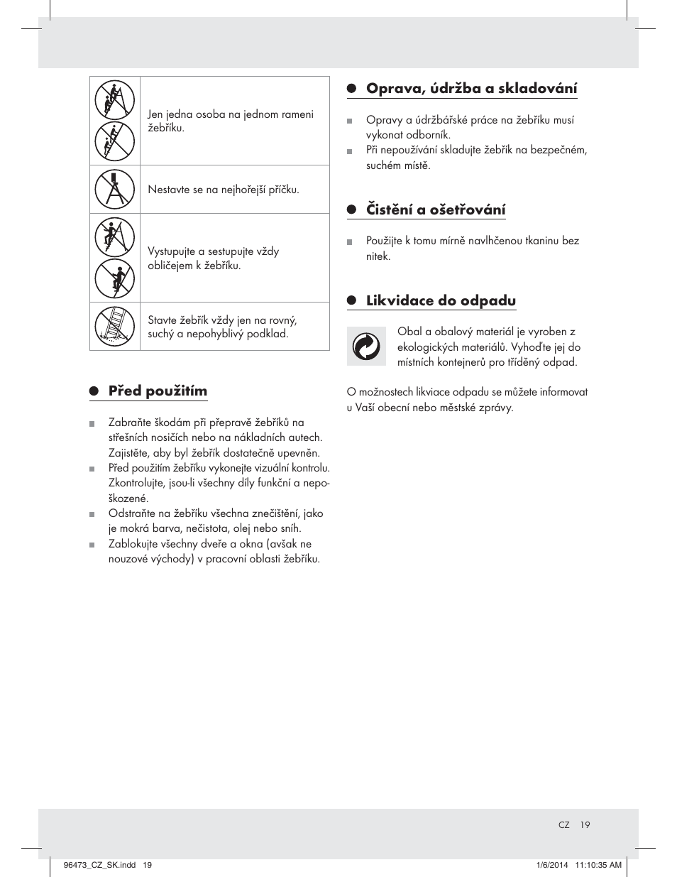 Před použitím, Oprava, údržba a skladování, Čistění a ošetřování | Likvidace do odpadu | Powerfix Z31966 User Manual | Page 19 / 26