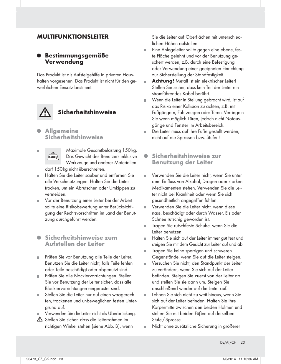 Multifunktionsleiter, Bestimmungsgemäße verwendung, Sicherheitshinweise | Allgemeine sicherheitshinweise, Sicherheitshinweise zum aufstellen der leiter, Sicherheitshinweise zur benutzung der leiter | Powerfix Z31966 User Manual | Page 23 / 26