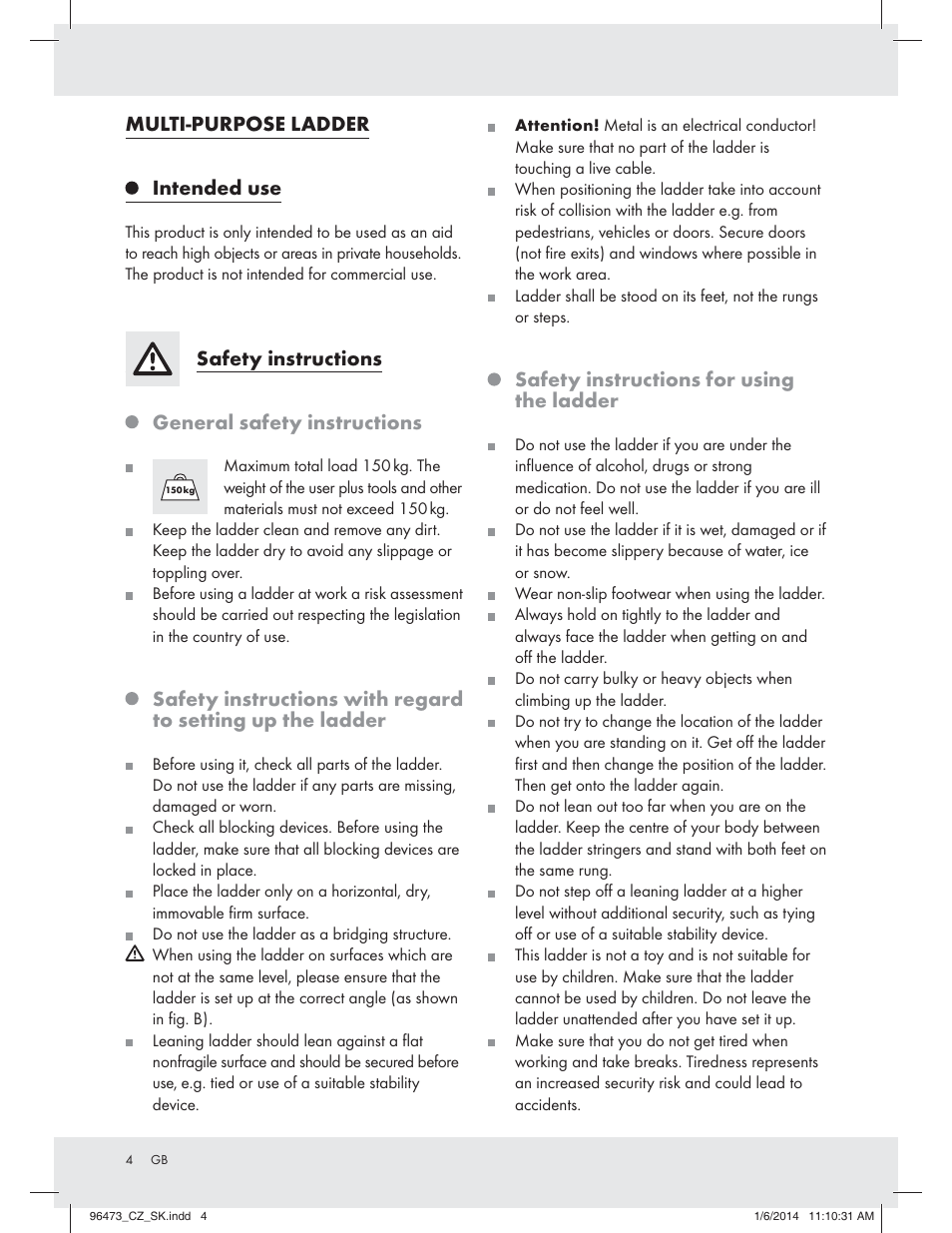 Multi-purpose ladder intended use, Safety instructions general safety instructions, Safety instructions for using the ladder | Powerfix Z31966 User Manual | Page 4 / 26