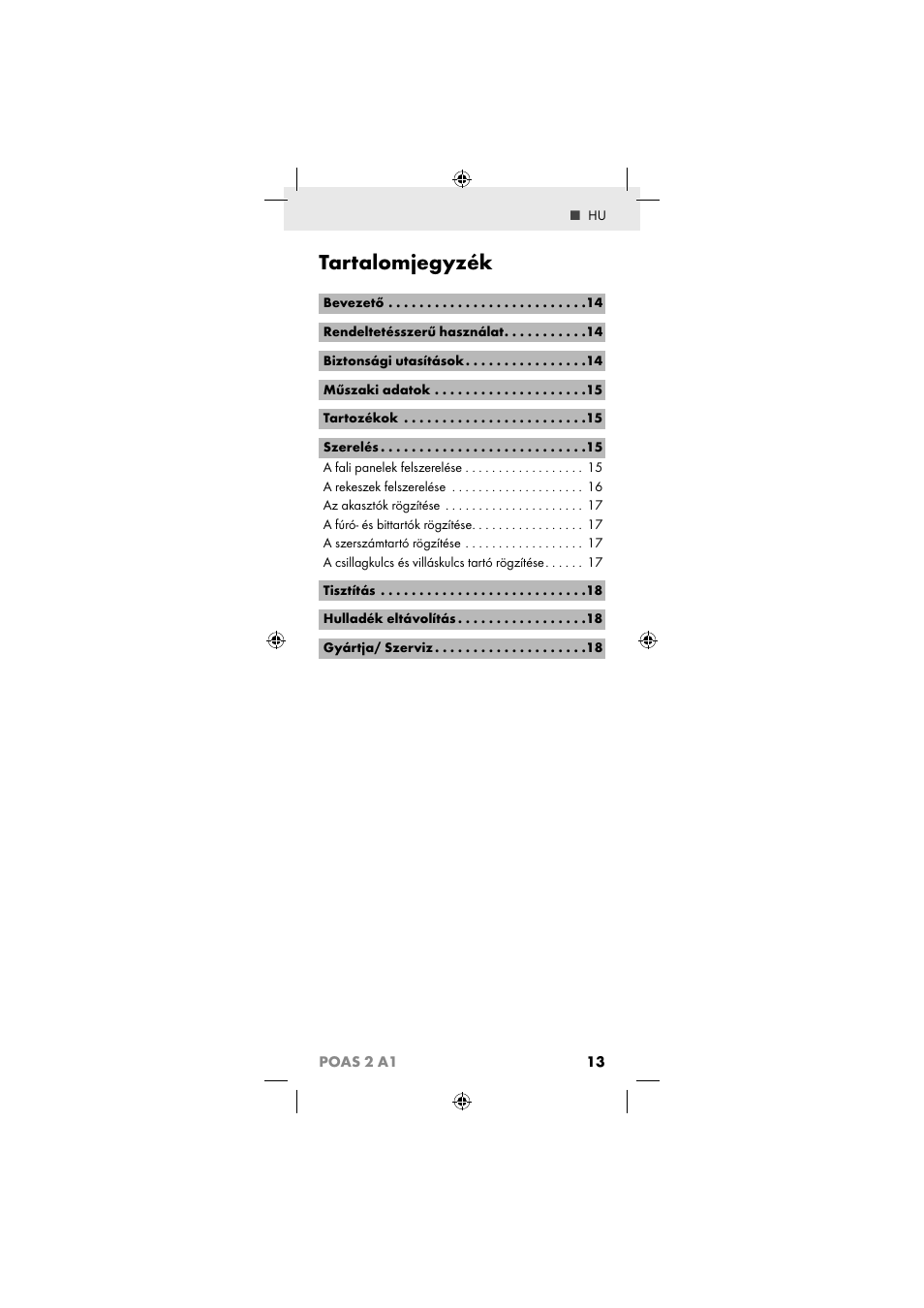 Tartalomjegyzék, 13 poas 2 a1 | Powerfix POAS 2 A1 User Manual | Page 15 / 47