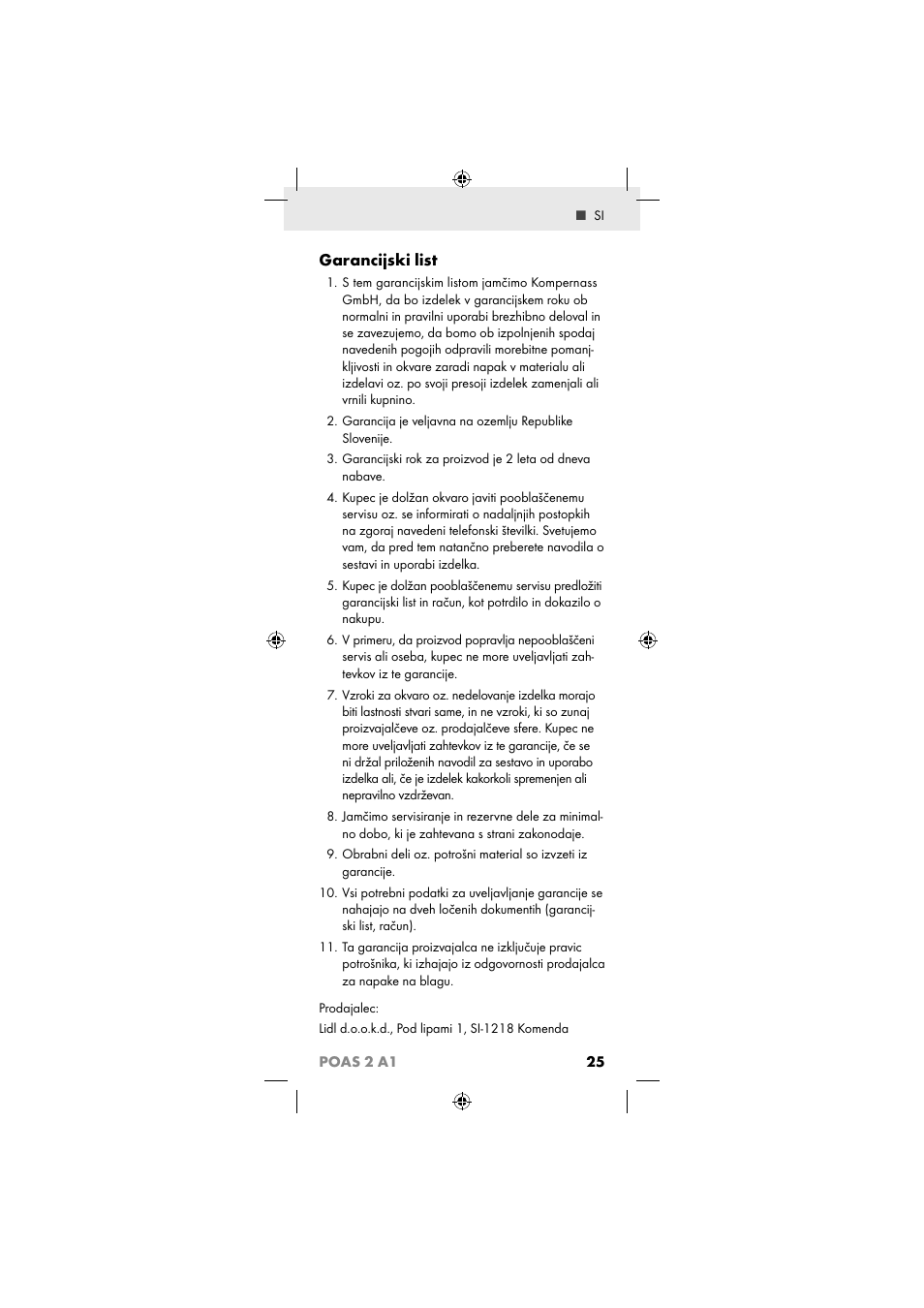 Garancijski list, 25 poas 2 a1 | Powerfix POAS 2 A1 User Manual | Page 27 / 47