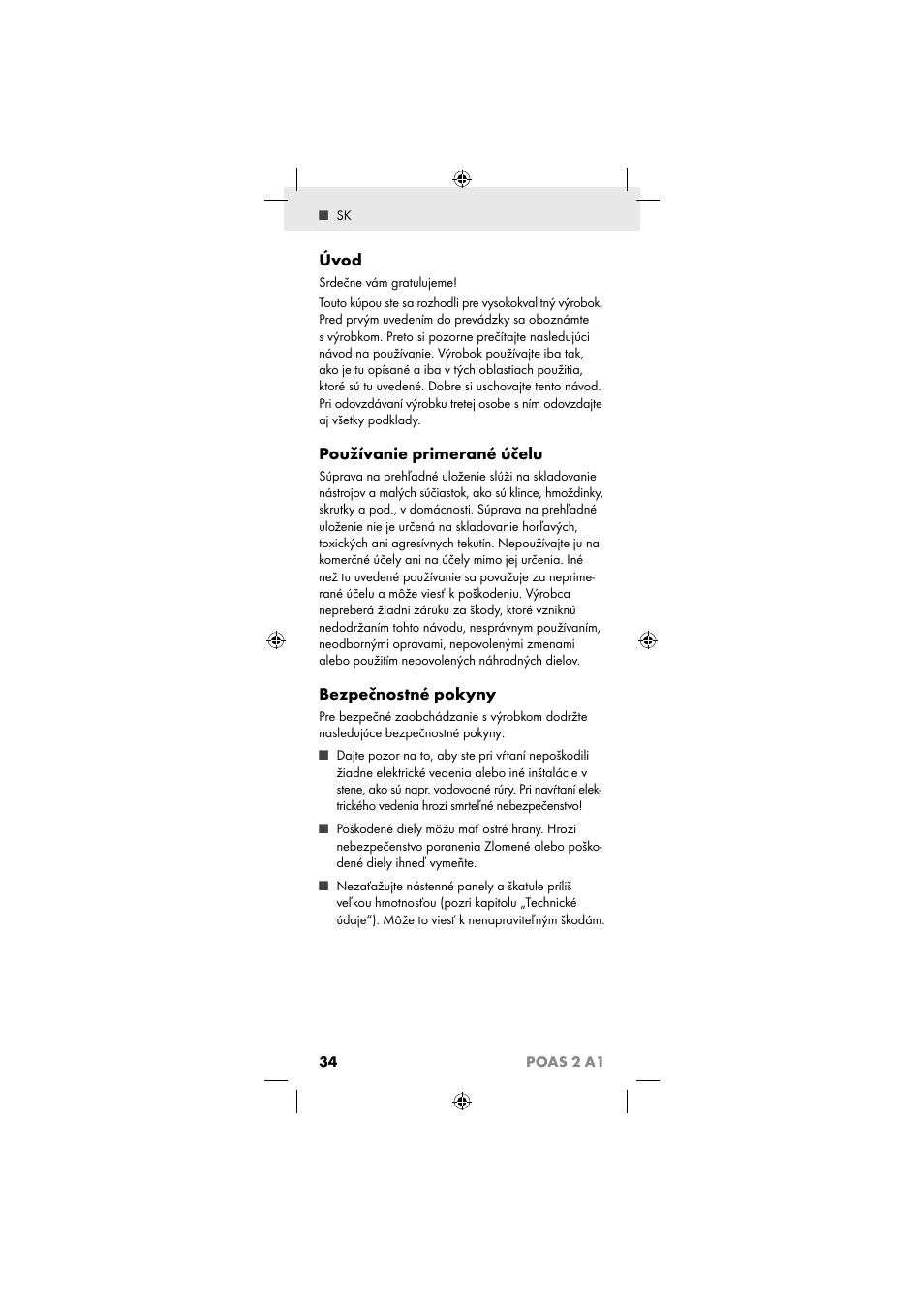 Úvod, Používanie primerané účelu, Bezpečnostné pokyny | 34 poas 2 a1 | Powerfix POAS 2 A1 User Manual | Page 36 / 47