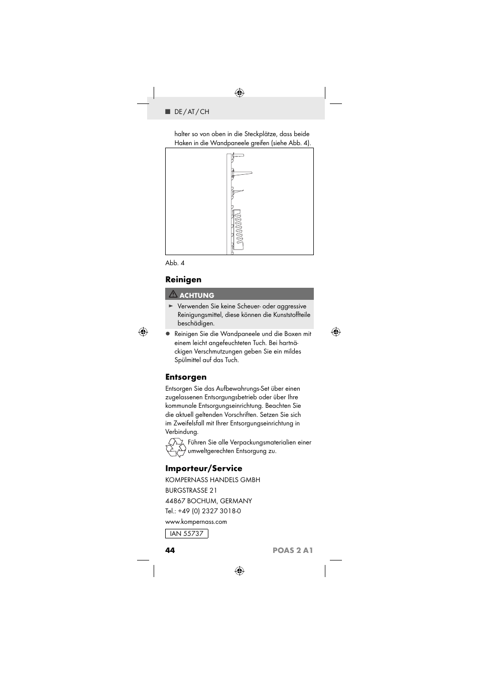 Reinigen, Entsorgen, Importeur/service | 44 poas 2 a1 | Powerfix POAS 2 A1 User Manual | Page 46 / 47