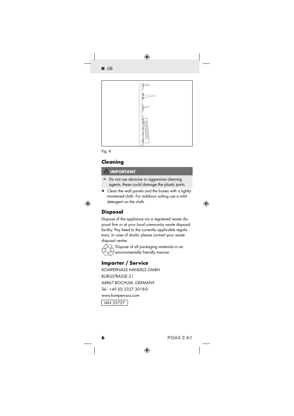 Cleaning, Disposal, Importer / service | 6poas 2 a1 | Powerfix POAS 2 A1 User Manual | Page 8 / 47