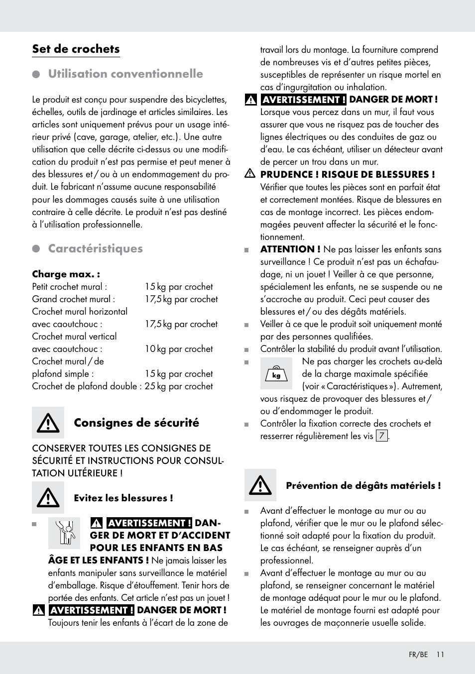 Set de crochets utilisation conventionnelle, Caractéristiques, Consignes de sécurité | Powerfix Z28431 User Manual | Page 11 / 20