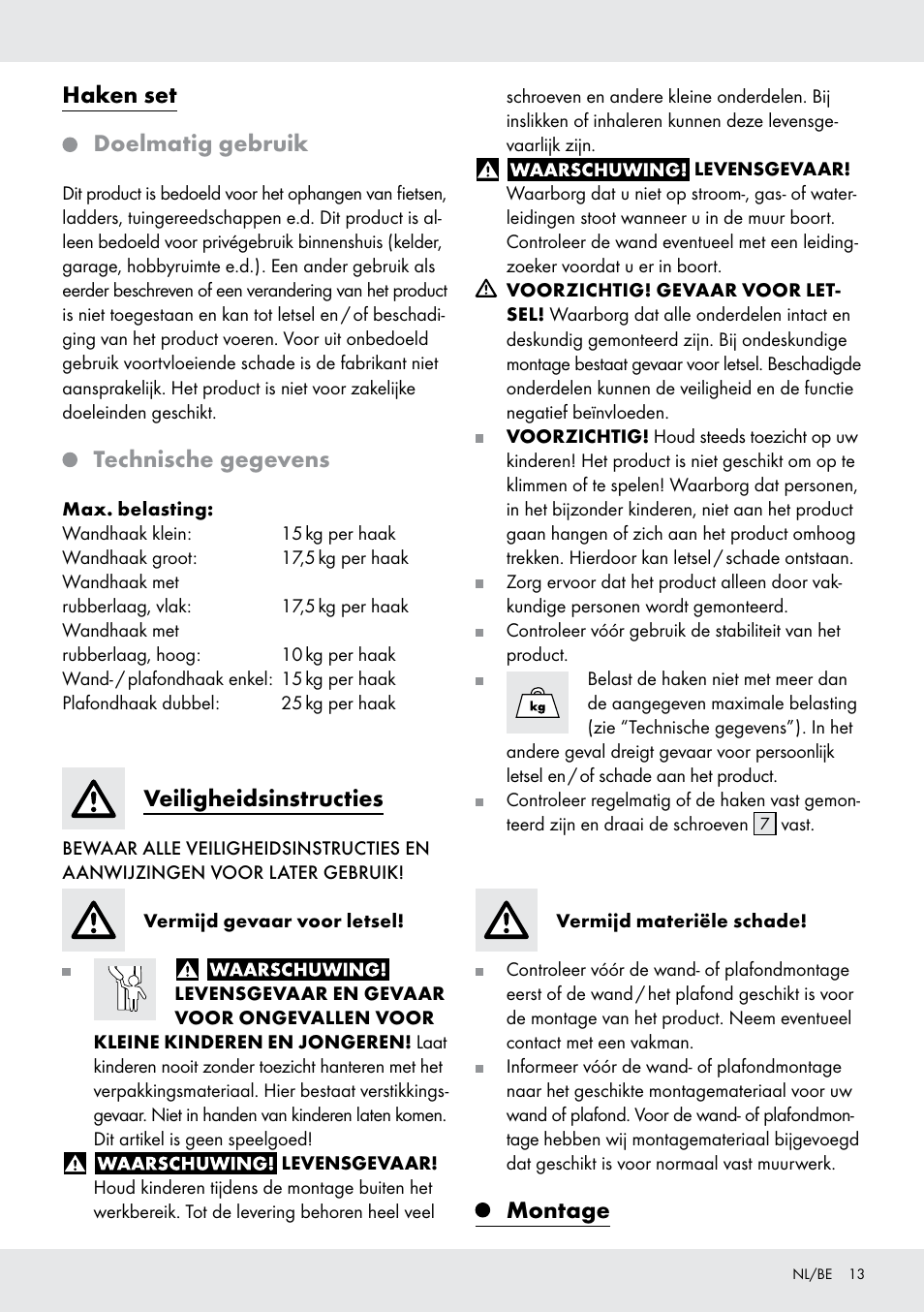 Haken set doelmatig gebruik, Technische gegevens, Veiligheidsinstructies | Montage | Powerfix Z28431 User Manual | Page 13 / 20