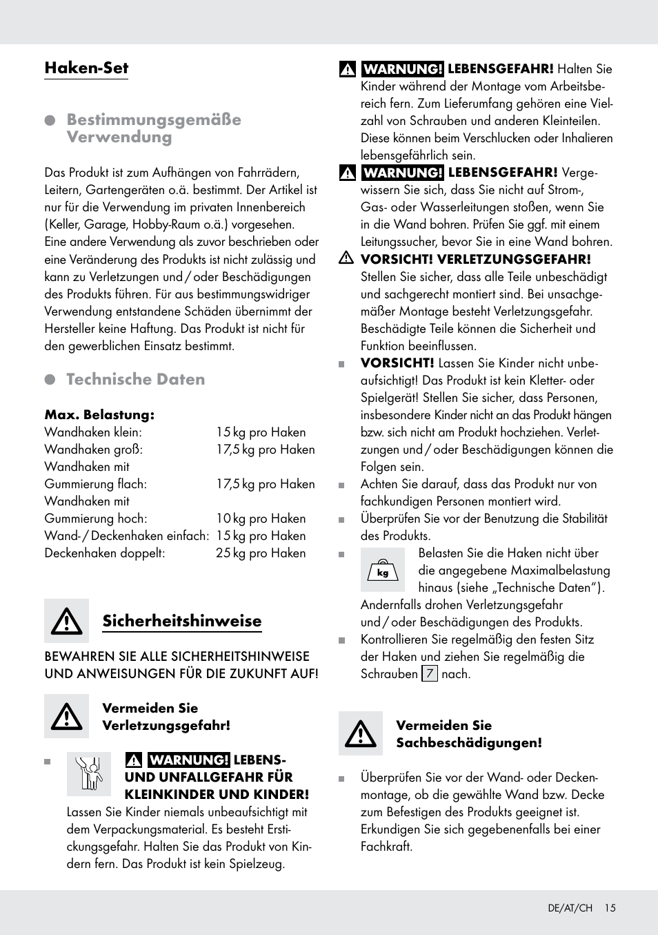 Haken-set bestimmungsgemäße verwendung, Technische daten, Sicherheitshinweise | Powerfix Z28431 User Manual | Page 15 / 20