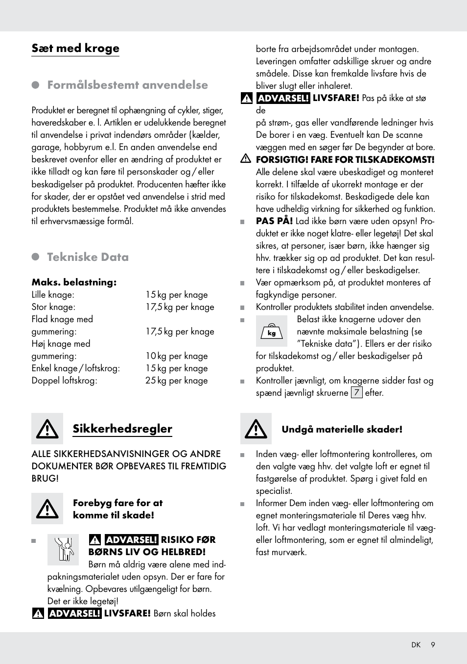 Sæt med kroge, Formålsbestemt anvendelse, Tekniske data | Sikkerhedsregler | Powerfix Z28431 User Manual | Page 9 / 20