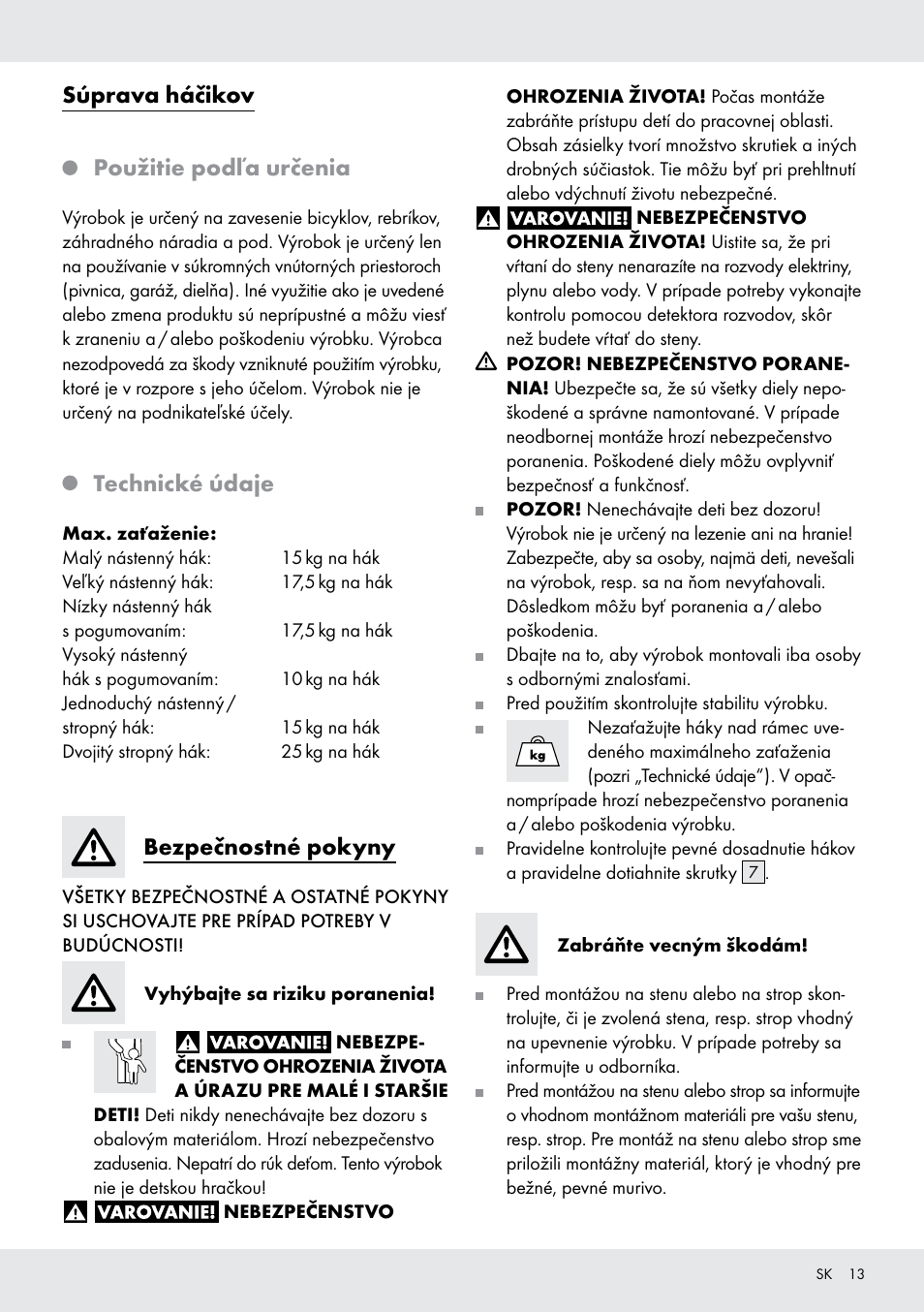 Súprava háčikov použitie podľa určenia, Technické údaje, Bezpečnostné pokyny | Powerfix Z28431 User Manual | Page 13 / 20