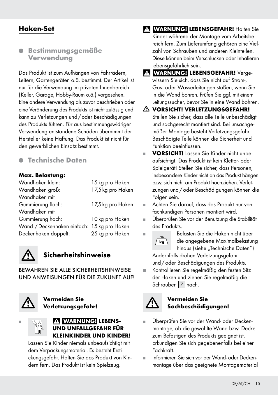 Haken-set bestimmungsgemäße verwendung, Technische daten, Sicherheitshinweise | Powerfix Z28431 User Manual | Page 15 / 20