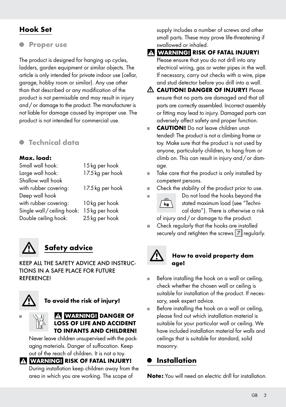 93283_pl_hu_si_cz_sk_ content, Hook set proper use, Technical data | Safety advice, Installation | Powerfix Z28431 User Manual | Page 3 / 20