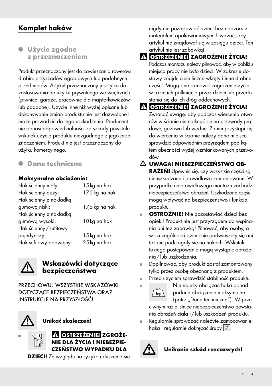 Komplet haków użycie zgodne z przeznaczeniem, Dane techniczne, Wskazówki dotyczące bezpieczeństwa | Powerfix Z28431 User Manual | Page 5 / 20