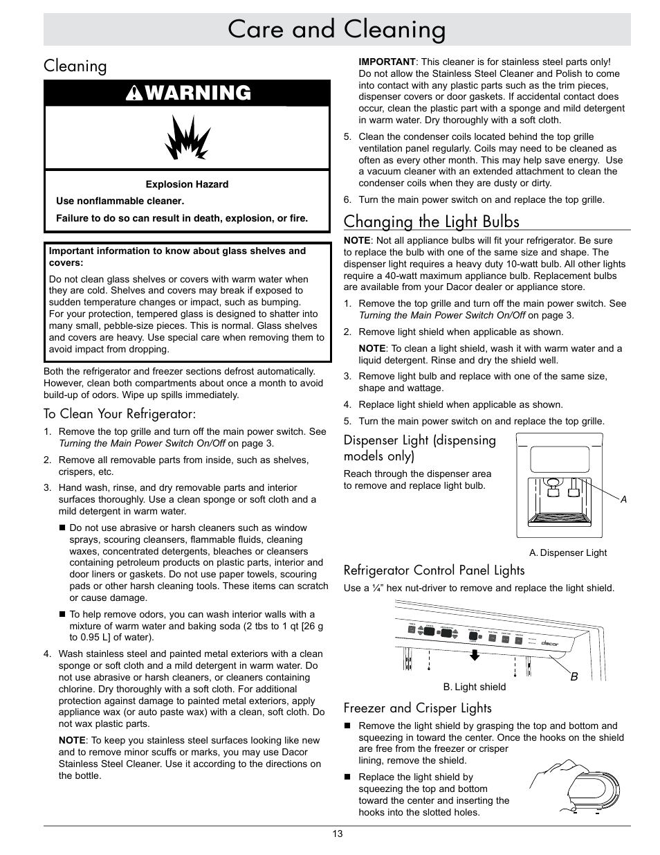 Care and cleaning, Warning, Cleaning | Changing the light bulbs | Dacor IF48DBOL User Manual | Page 15 / 24