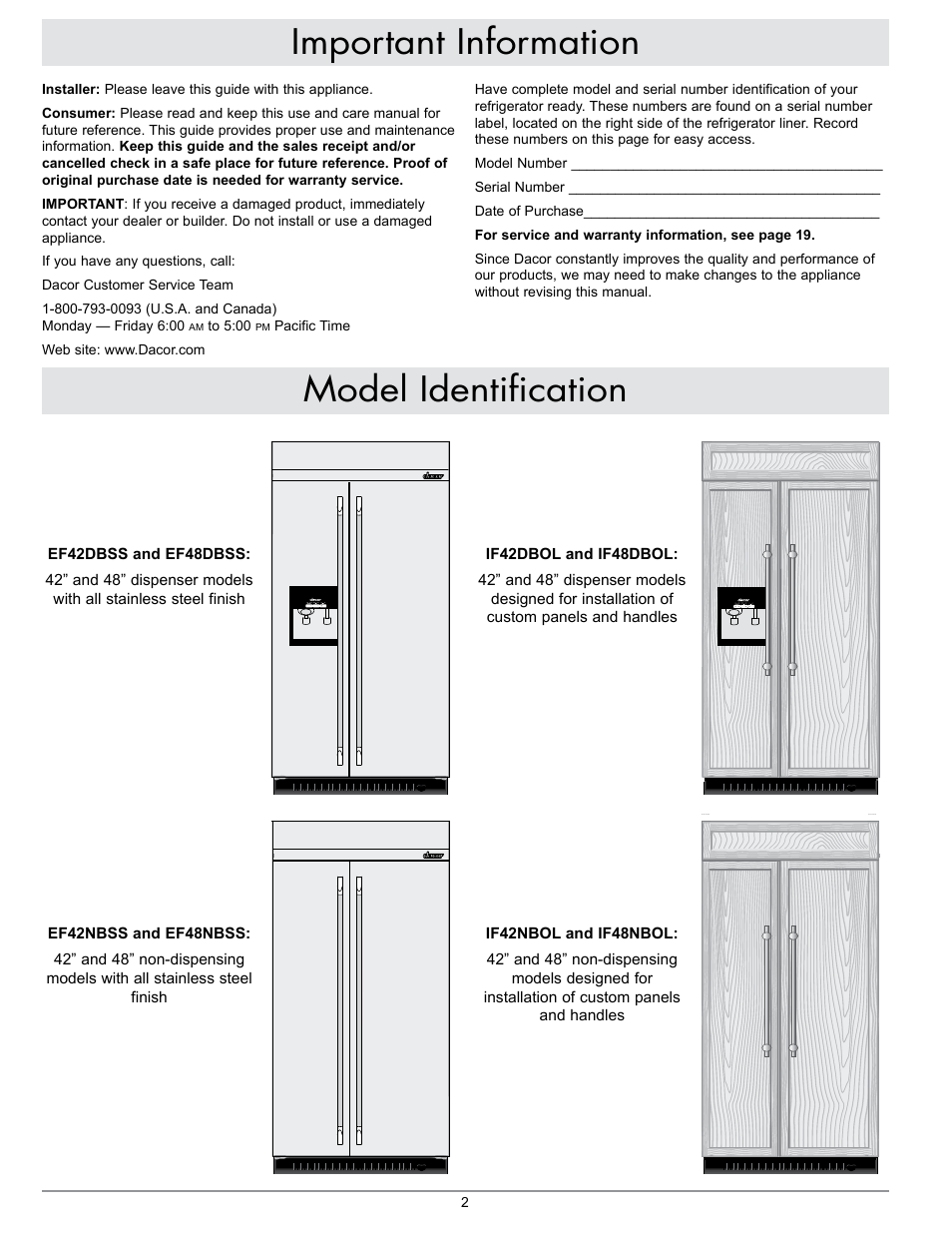 Important information model identification | Dacor IF48DBOL User Manual | Page 4 / 24