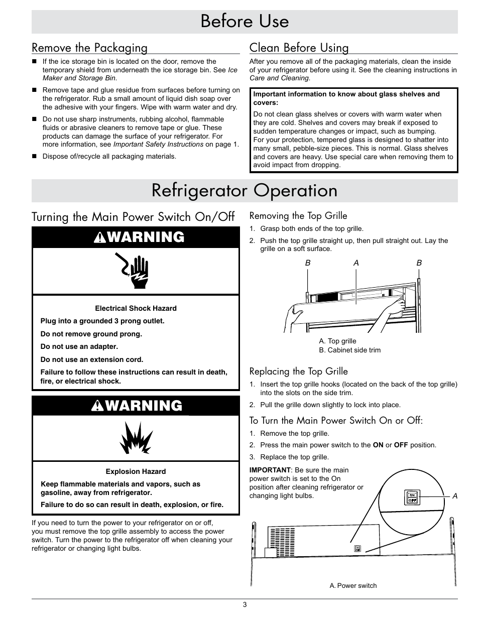 Before use refrigerator operation, Warning, Clean before using | Turning the main power switch on/off, Remove the packaging | Dacor IF48DBOL User Manual | Page 5 / 24