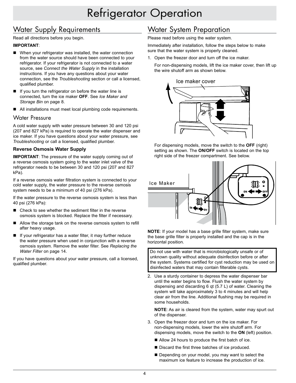 Refrigerator operation, Water supply requirements, Water system preparation | Water pressure | Dacor IF48DBOL User Manual | Page 6 / 24