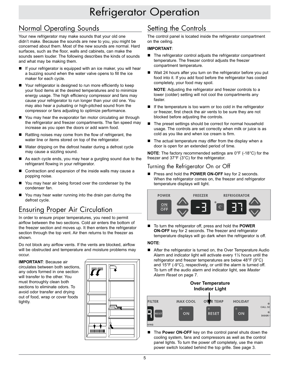 Refrigerator operation, Normal operating sounds, Ensuring proper air circulation | Setting the controls, Turning the refrigerator on or off | Dacor IF48DBOL User Manual | Page 7 / 24