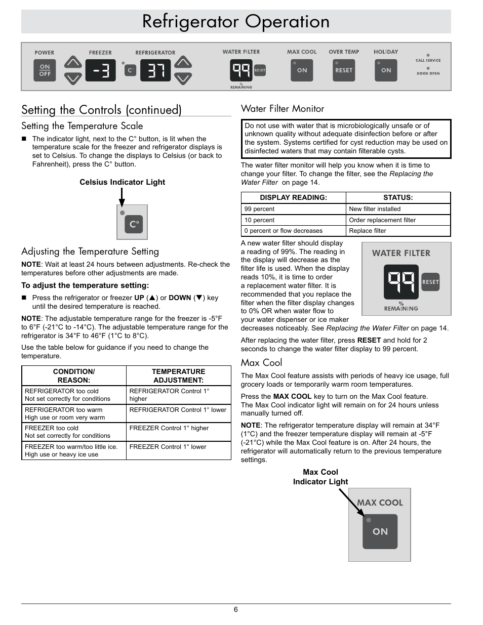 Refrigerator operation, Setting the controls (continued), Water filter monitor | Max cool, Setting the temperature scale, Adjusting the temperature setting | Dacor IF48DBOL User Manual | Page 8 / 24