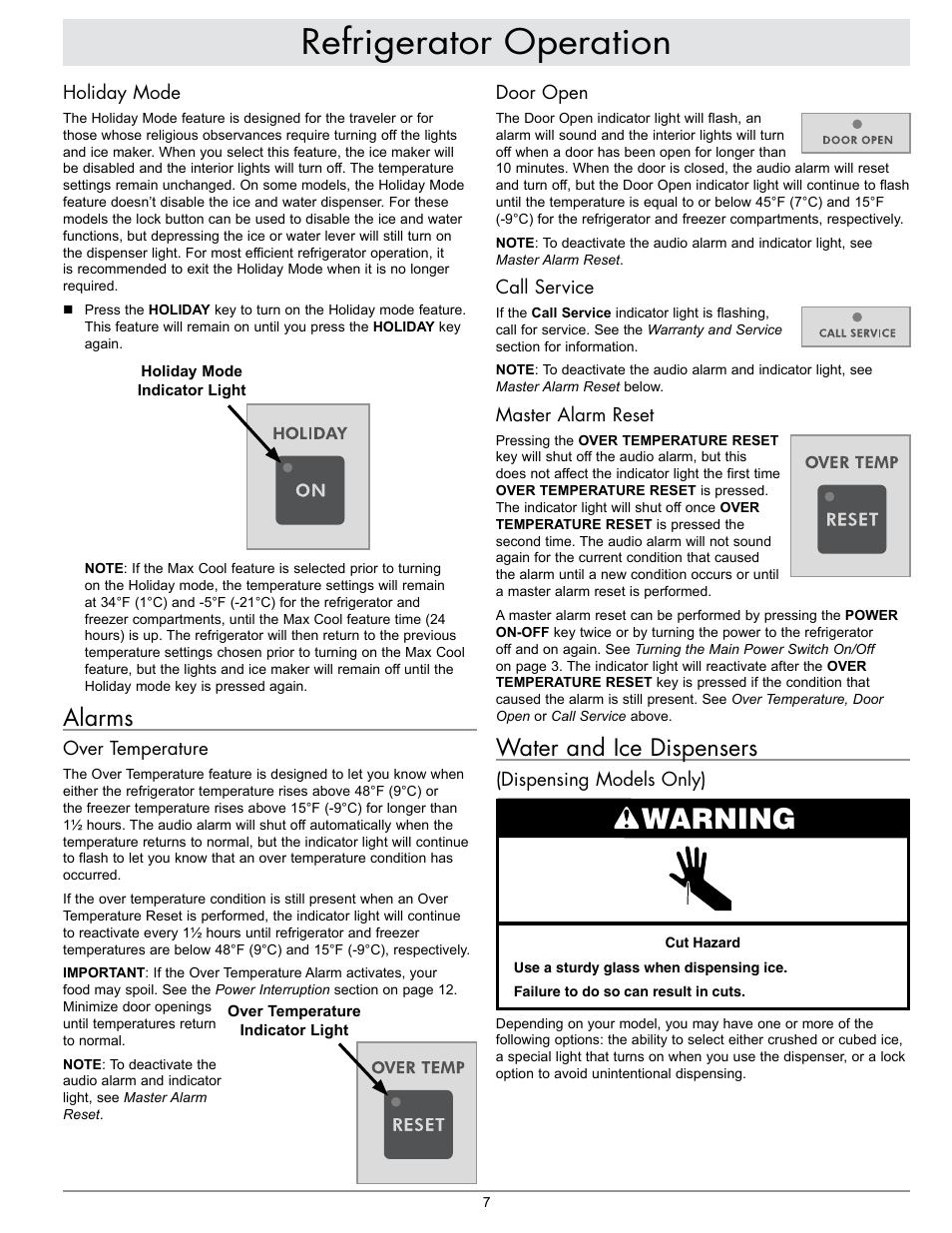Refrigerator operation, Warning, Water and ice dispensers | Alarms | Dacor IF48DBOL User Manual | Page 9 / 24