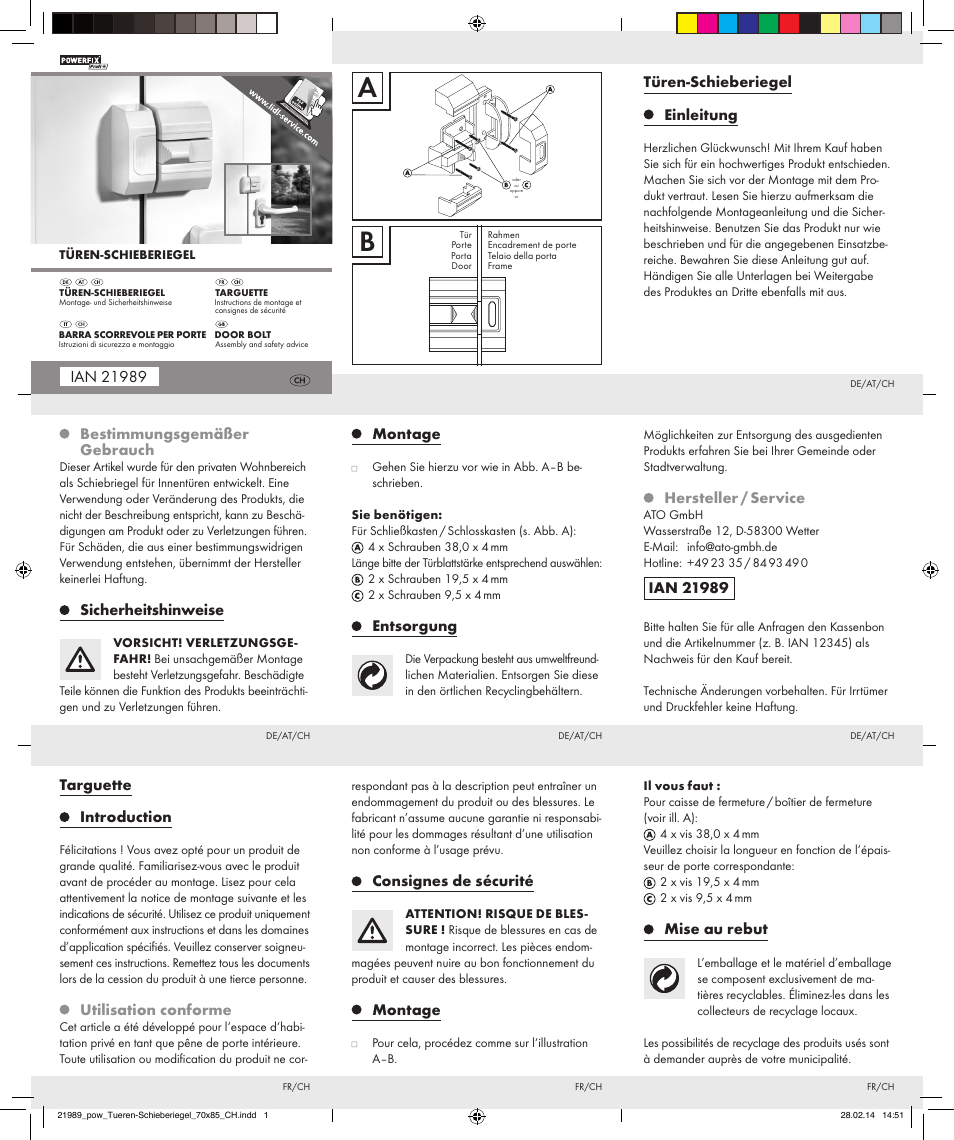 Powerfix DOOR BOLT User Manual | 2 pages