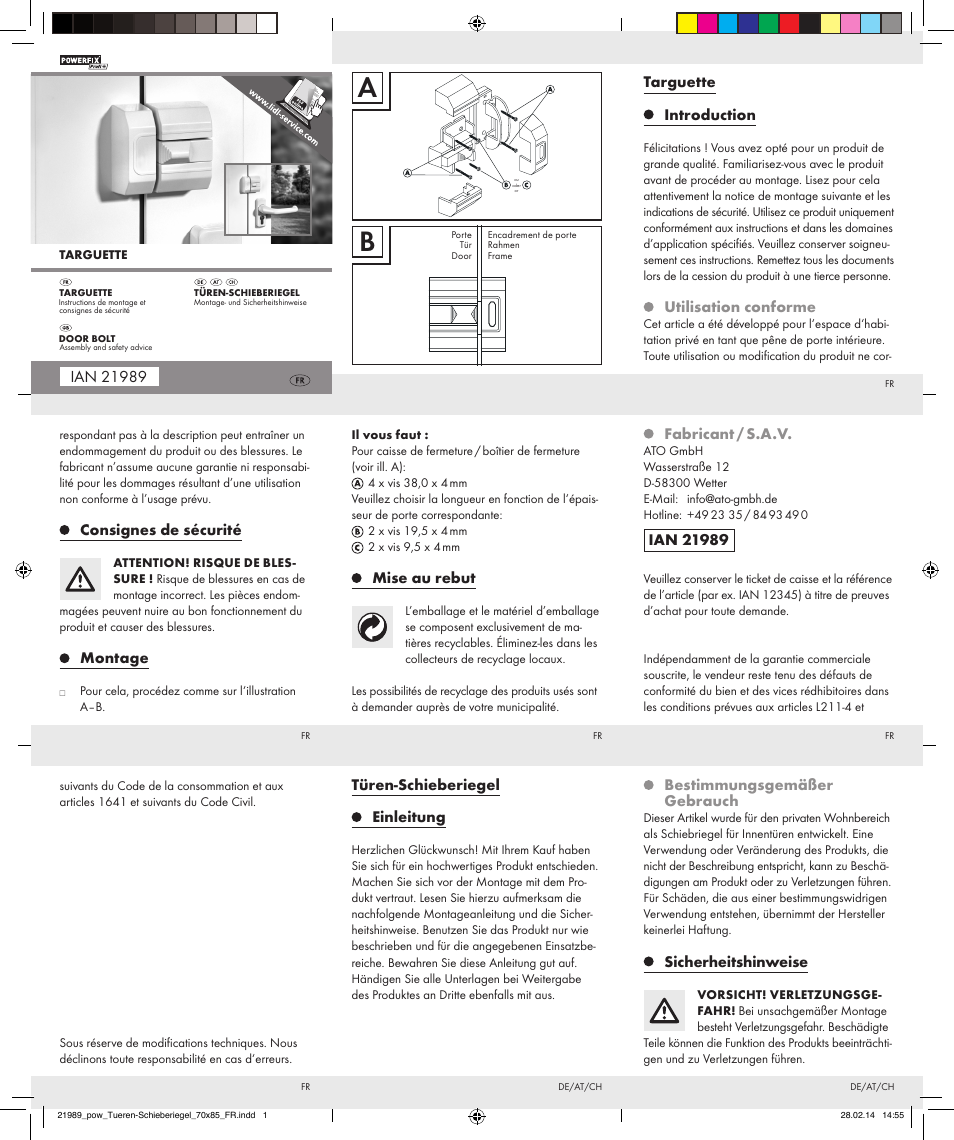 Powerfix DOOR BOLT User Manual | 2 pages