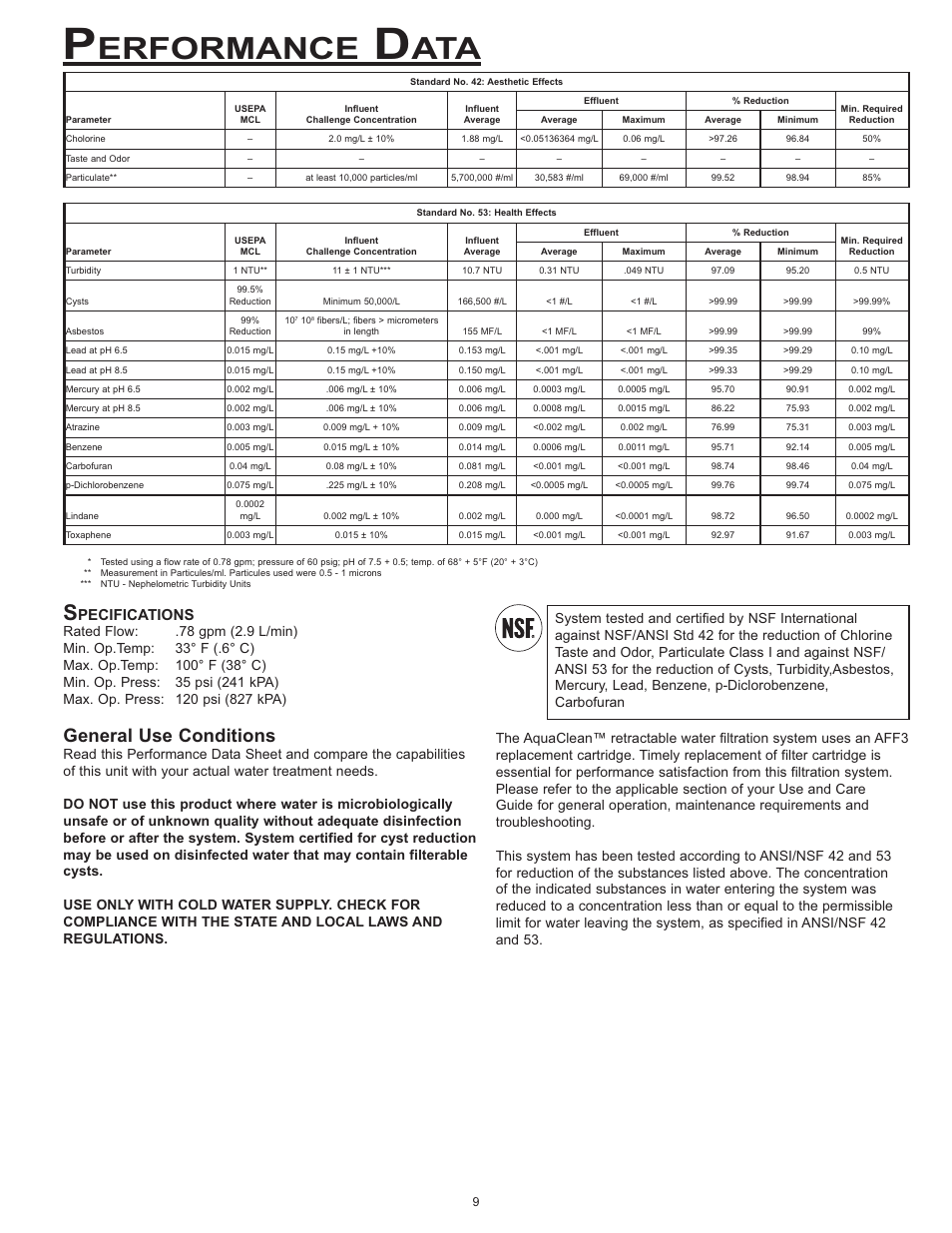 Erformance, General use conditions, Pecifications | Dacor EF36 User Manual | Page 11 / 24