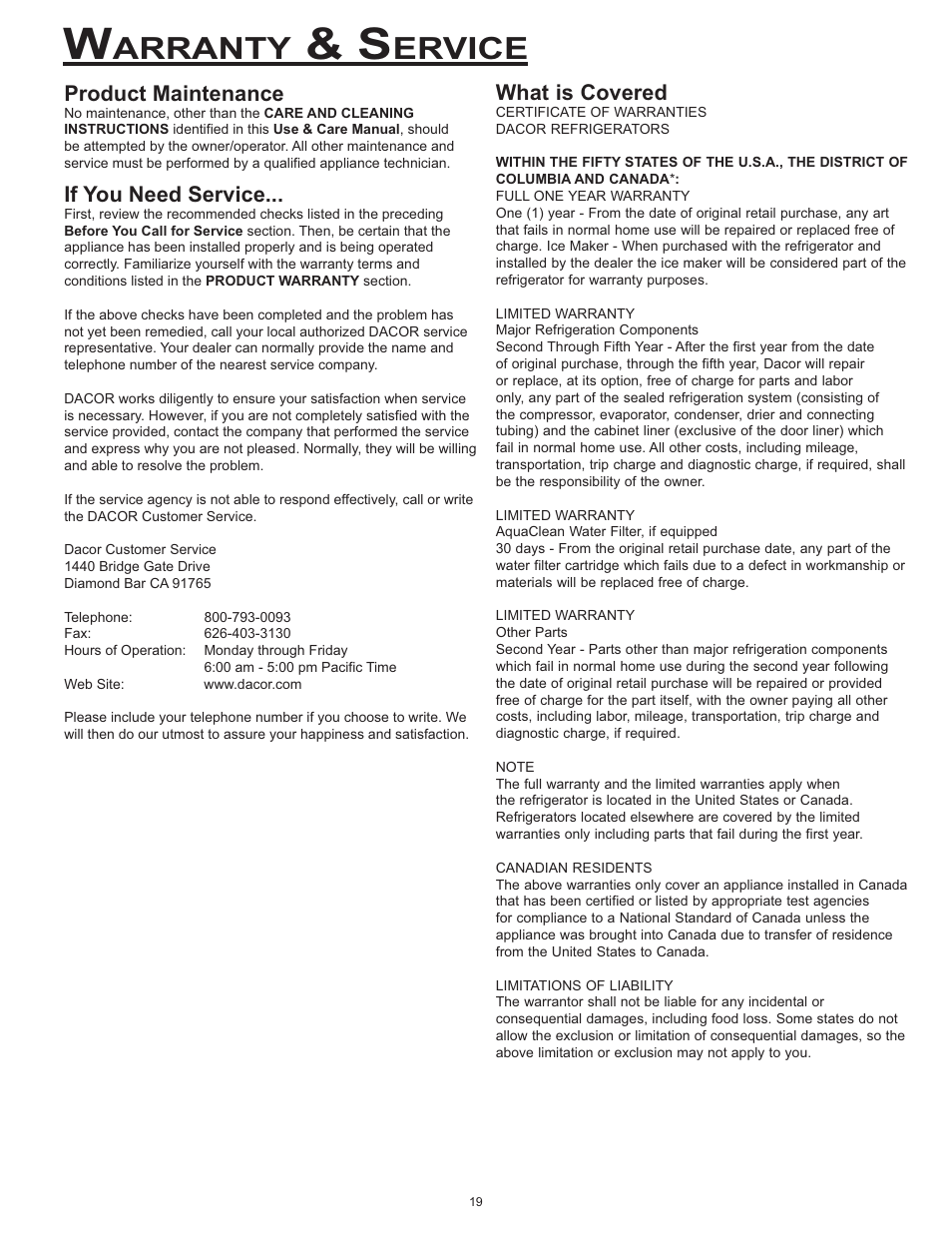 Arranty, Ervice, Product maintenance | If you need service, What is covered | Dacor EF36 User Manual | Page 21 / 24